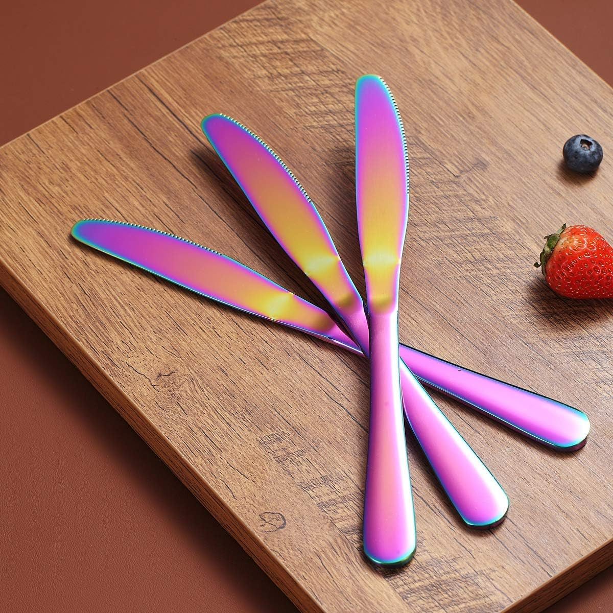 Set of 4 Rainbow Stainless Steel Dinner Knives with Titanium Plating - Colorful and Durable Table Cutlery, Dishwasher Safe