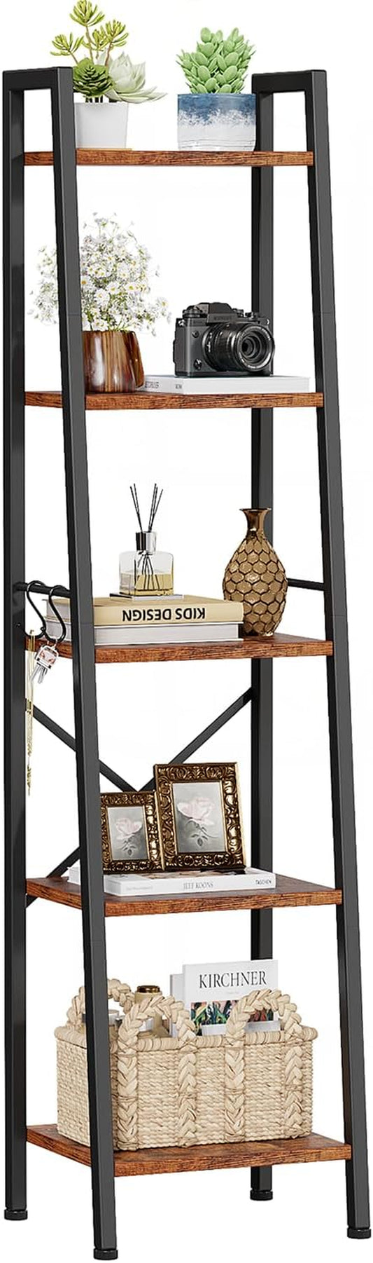 5 Tier Ladder Shelf Bookcase, Tall Narrow Bookshelf with 2 Hooks, Rustic Brown Bathroom Corner Book Shelf, Metal Wood Book Case Standing Unit, Display Shelf for Living Room Office Kitchen