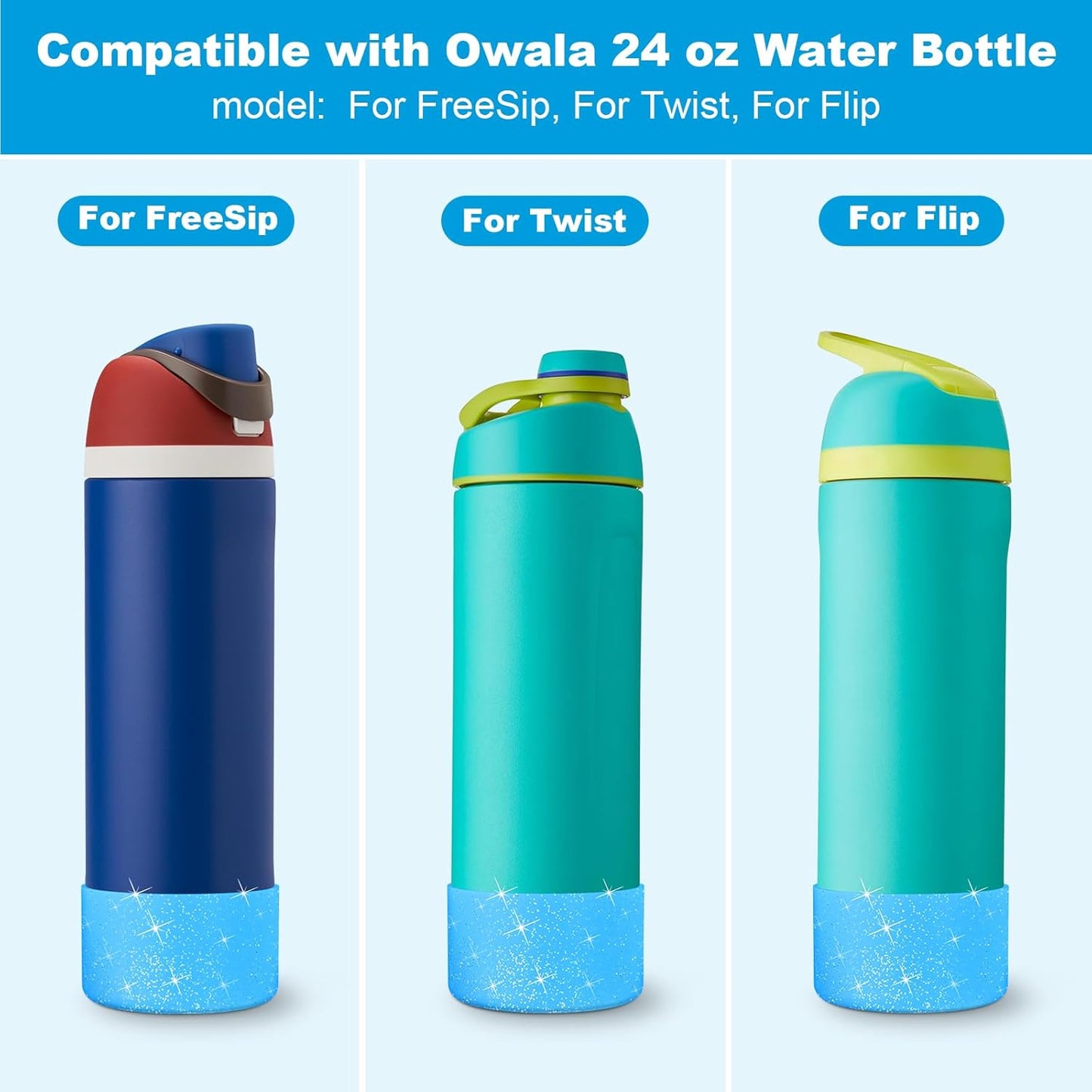 2 PCS Glitter Silicone Boot for Owala Water Bottle, Anti-Slip Protective Sleeve for Freesip/Twist/Flip Stainless Steel Water Bottles Accessories