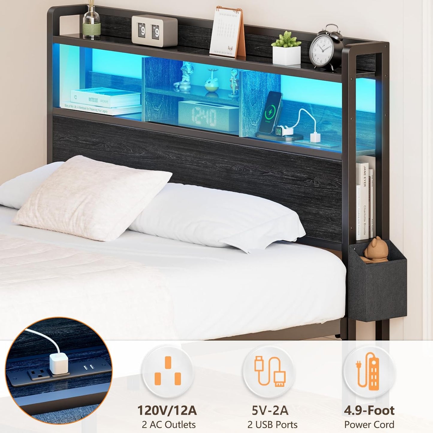Full Size Metal Platform Bed Frame with Wooden Headboard, Integrated Storage Drawers, Shelf, LED Lighting, Charging Station, No Box Spring Required, Noise-Free, Black