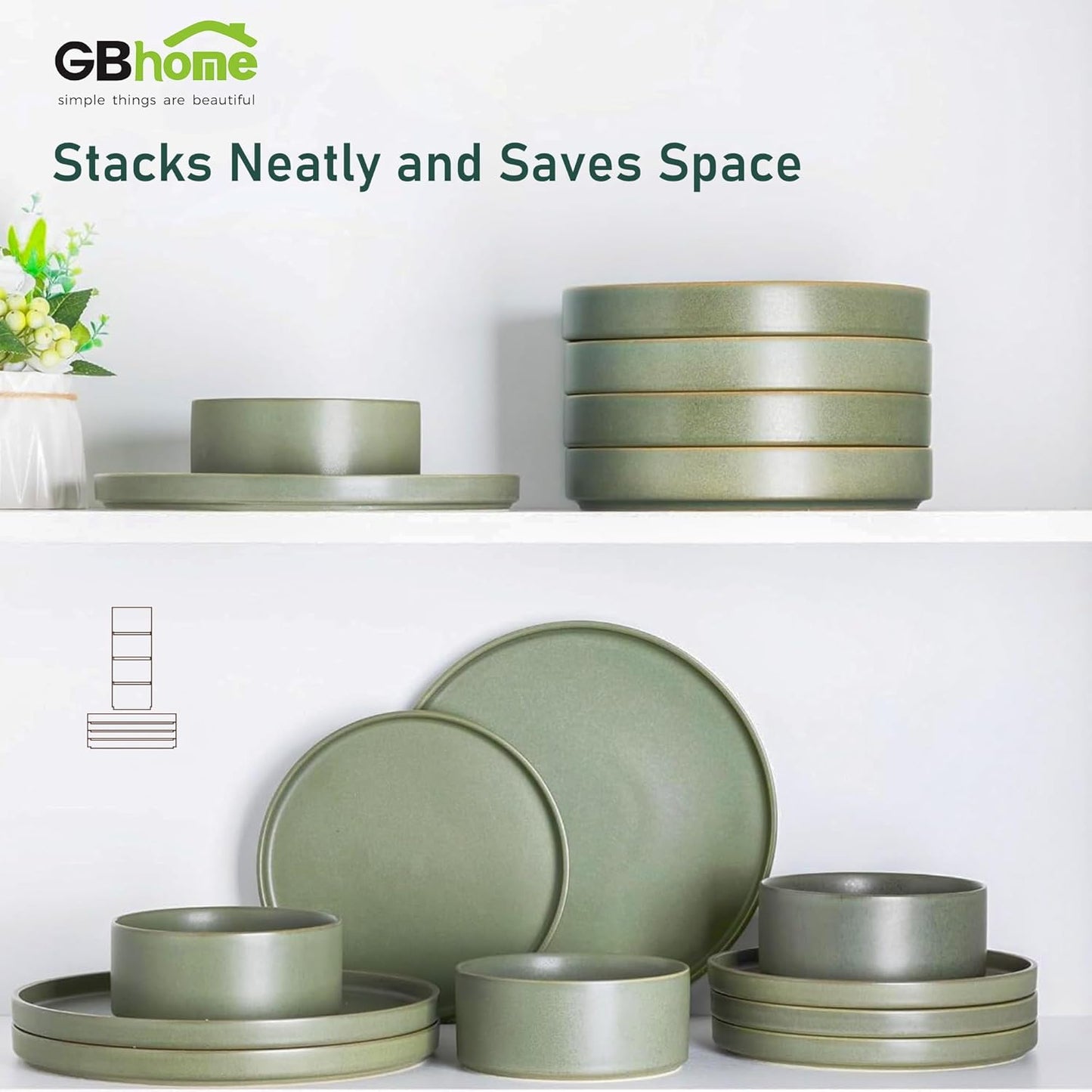 Ceramic Dinnerware Set for Four - Stoneware Plates and Bowls, Chip and Scratch Resistant, Dishwasher, Microwave, and Oven Safe, Reactive Glaze in Green