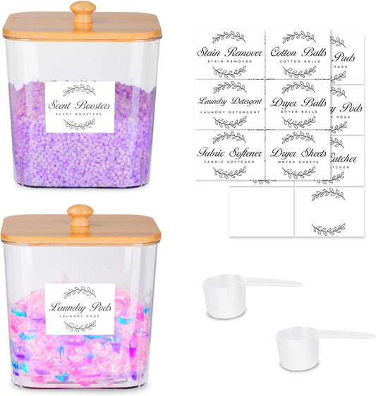 2 Pack Laundry Pods Container & Dryer Sheet Holder Set,Clear Laundry Room Organization Containers with Bamboo Lids and Labels,Laundry Pods Holder for Scent Booster,Powder,Pod