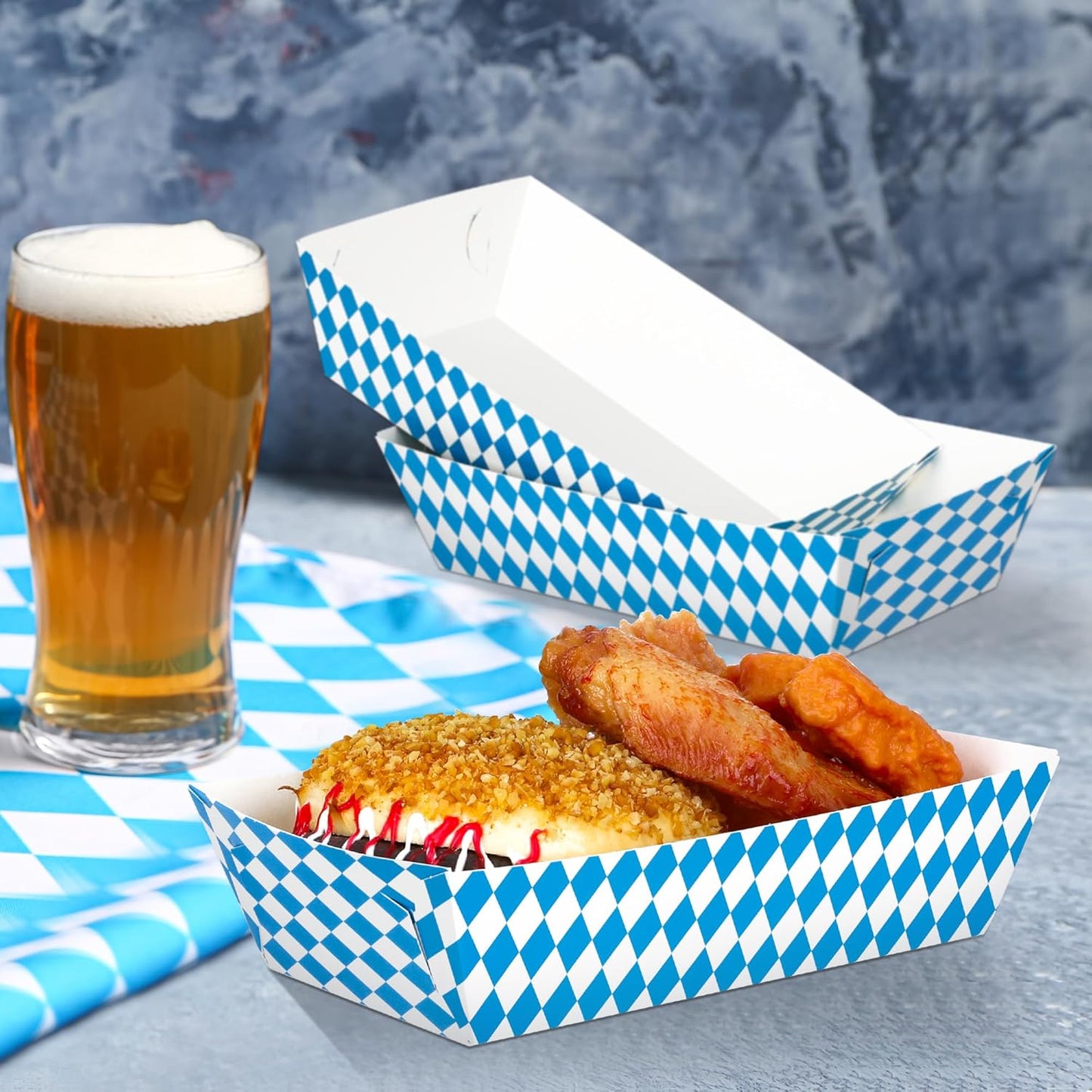 50 PCS Oktoberfest Decorations, Disposable Oktoberfest Paper Food Trays, Fold-To-Assemble Beer Festival Blue White Decoration, Oktoberfest Snacks Take Out Food Serving Trays for German Party Supplies