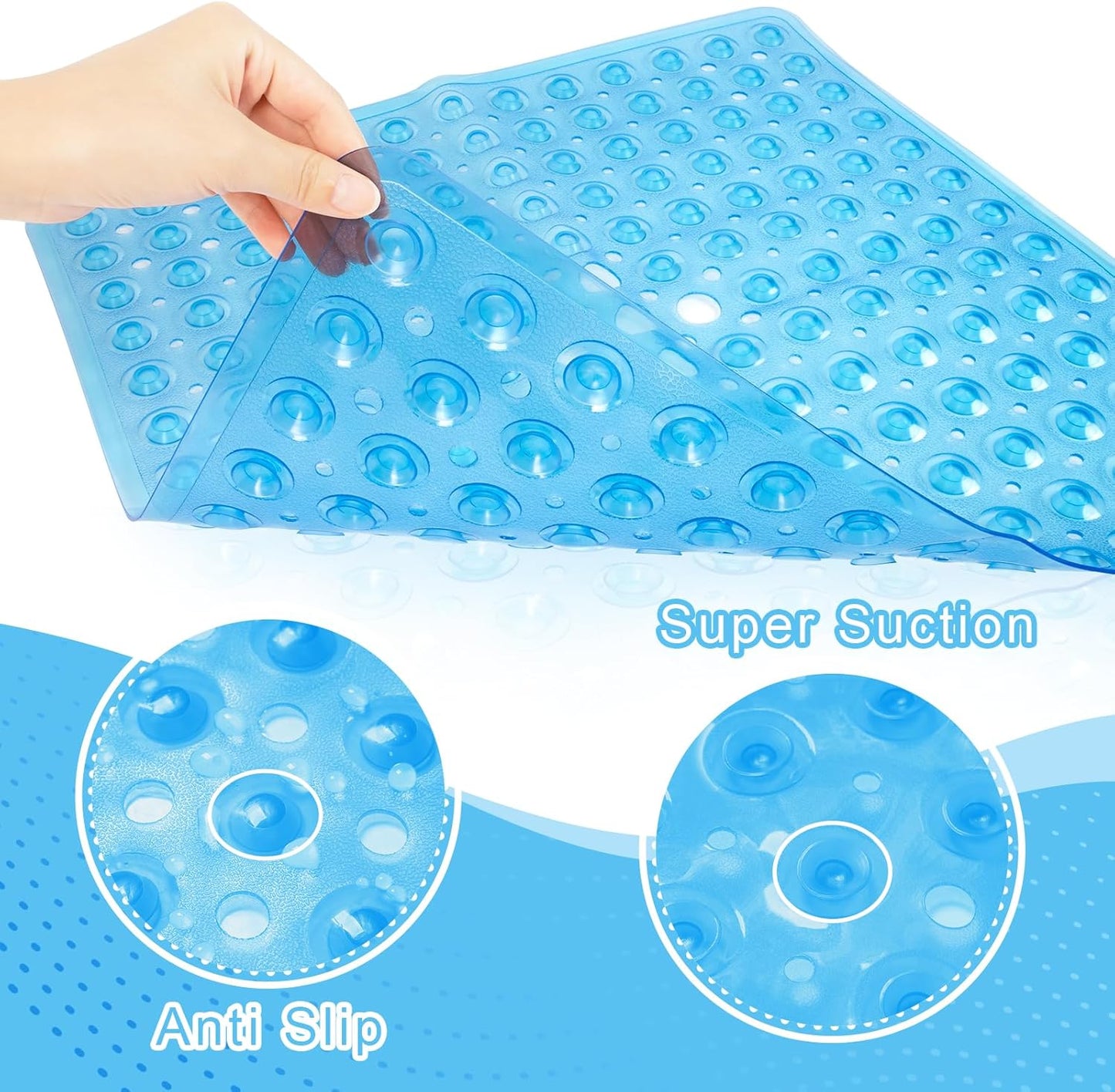 Shower Mat Non Slip 21 X 21 Inches, Square Shower Mat with Suction Cups and Drain Holes, Shower Stall Mat Machine Washable (Clear Blue)