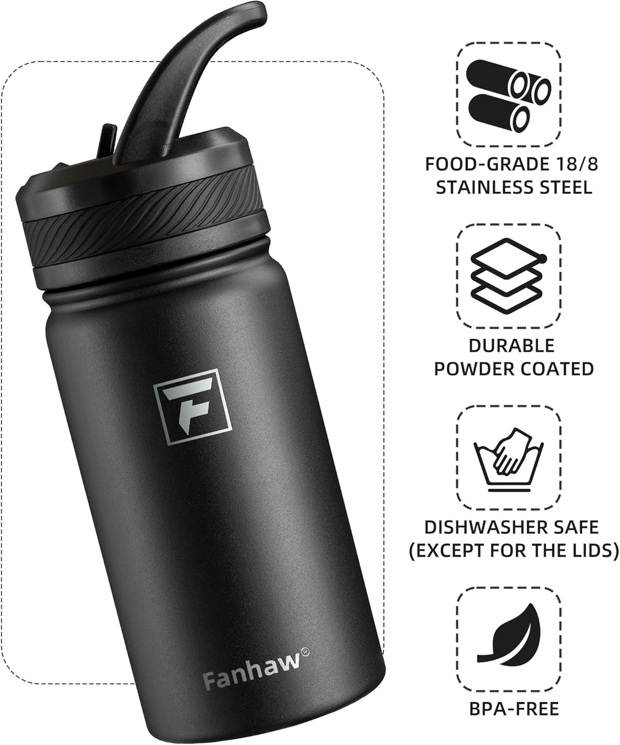 14 Oz Kids Insulated Water Bottle with Straw Lid – Stainless Steel Double Wall Vacuum, Leak-Proof, Bpa-Free Water Bottles for School Boys & Girls(Black)