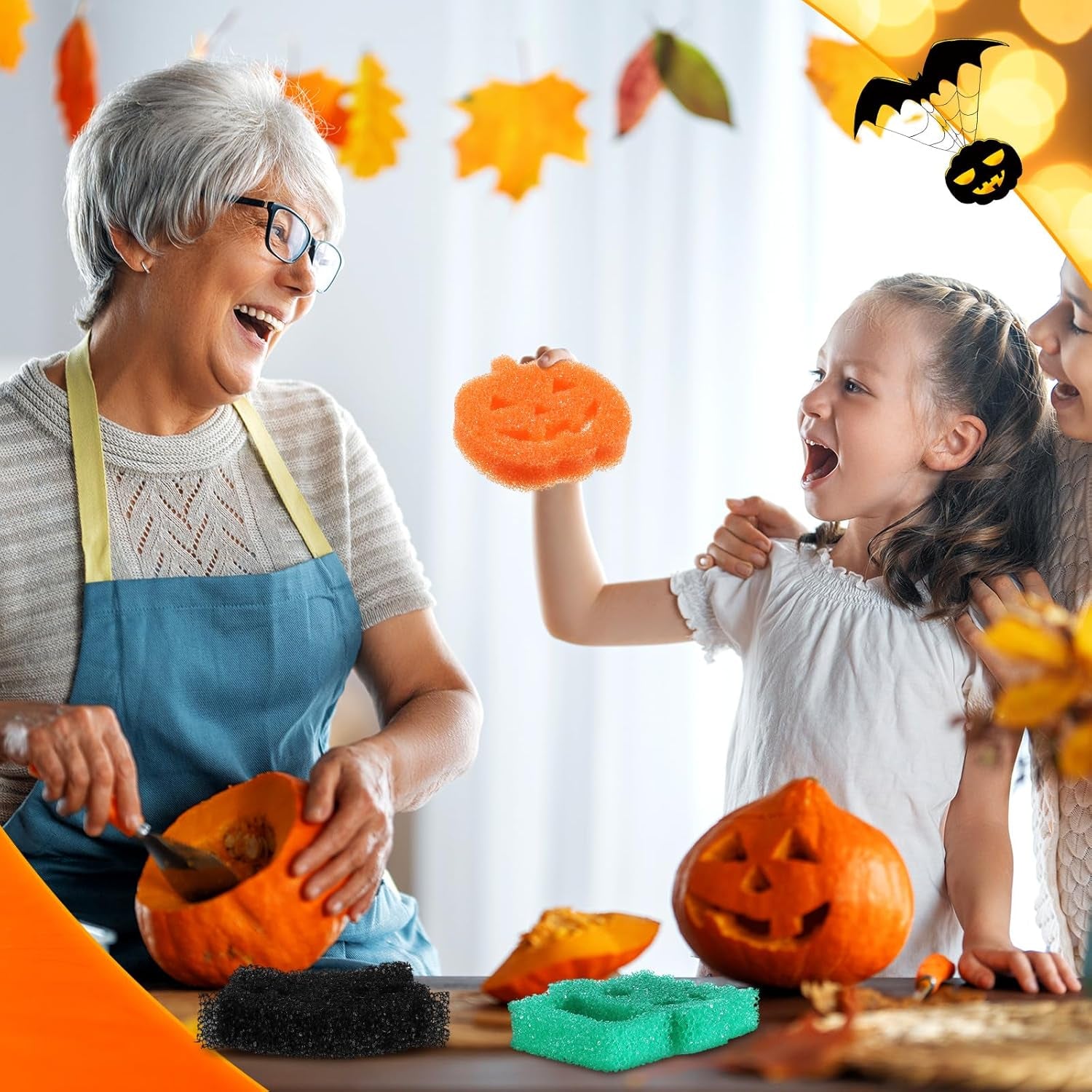 6-Pack Halloween-Themed Non-Scratch Cleaning Sponges for Kitchen Use - Ghost, Bat, Pumpkin, and Cat Designs with Temperature Sensitivity for Dishwashing and Household Cleaning