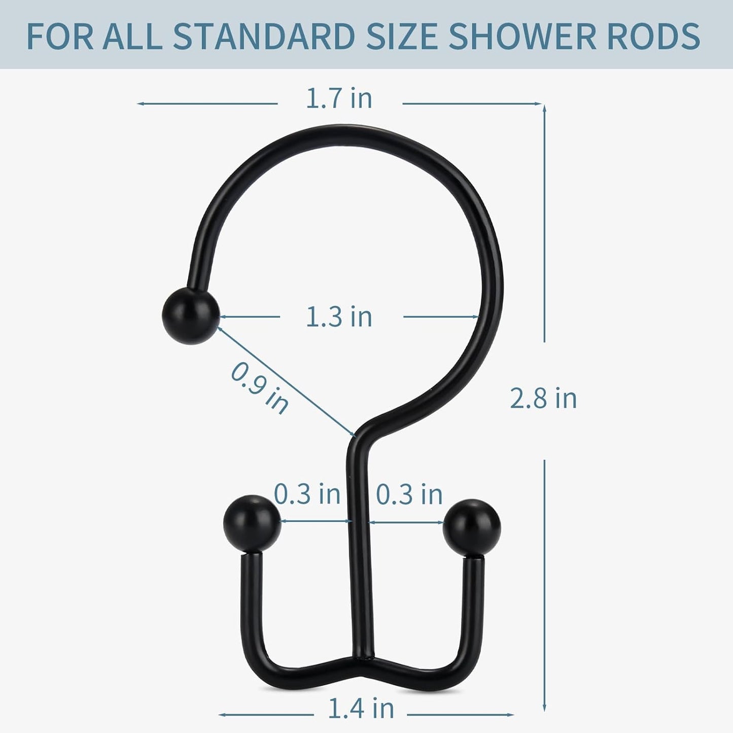 Shower Curtain Hooks, 12 Pcs Shower Curtain Rings, Durable Rust Proof Black Shower Curtain Hooks, Shower Rings for Curtain, Double Glide Shower Hooks for Shower Curtain Rods, Black