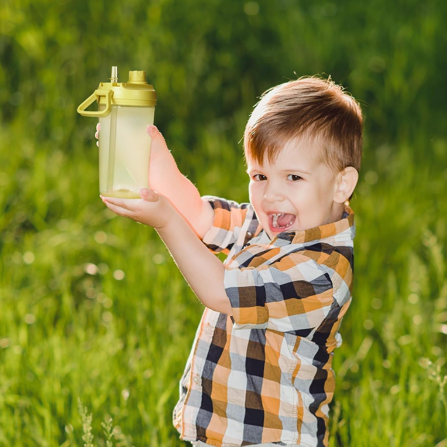 12Oz Kids Water Bottle with Straw Leak-Proof Toddler Water Bottle Plastic Water Bottles Bpa-Free Toddler Straw Cups with Handle for Travel Fitness School, YELLOW
