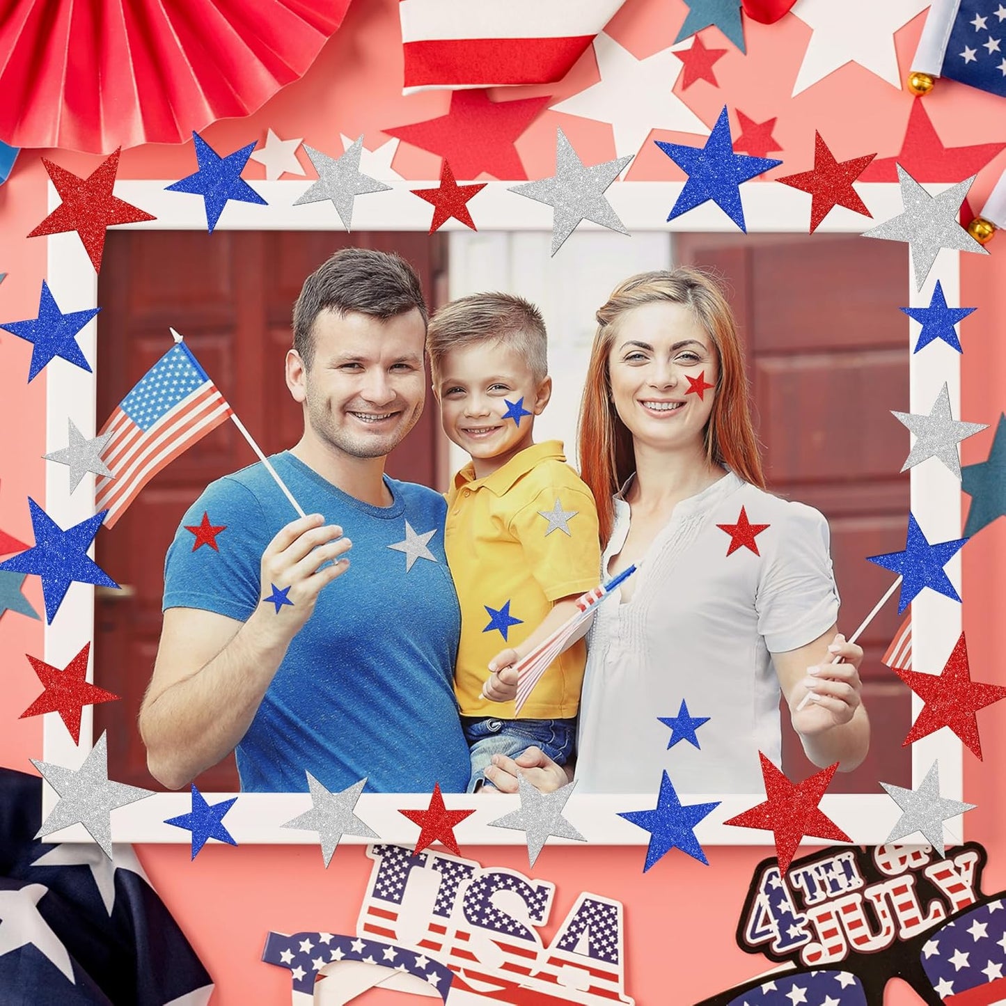 300 PCS 4Th of July Star Stickers, Red Silver and Blue Glitter Stickers, Patriotic Self Adhesive Foam Stickers for Fourth of July Parade Party Accessories Decor Memorial Day Arts Craft Supplies