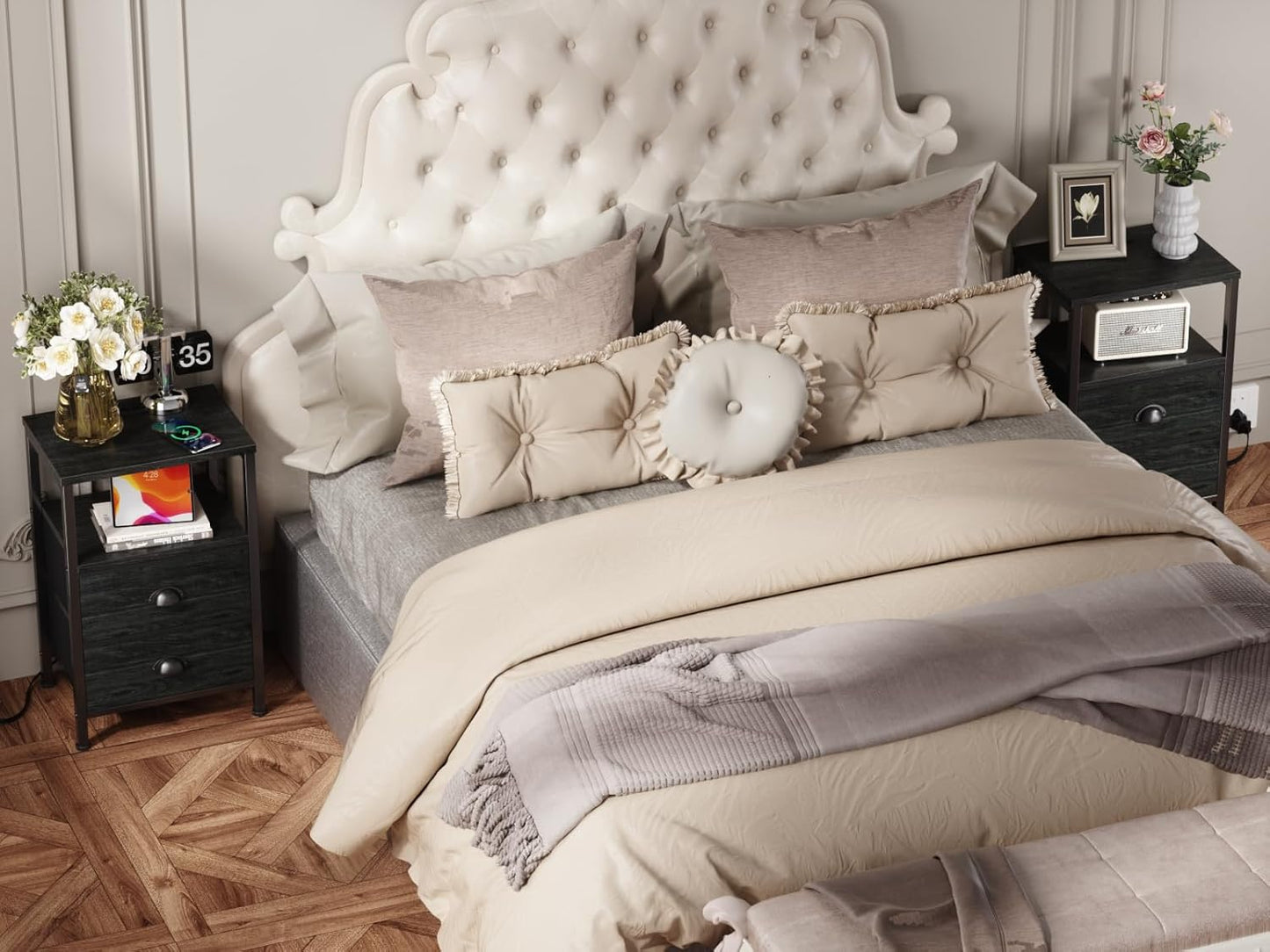 Nightstands Set of 2, End Tables with Charging Station and LED Lights, Black Night Stands with 2 Fabric Drawers, Bedside Tables Set of 2 for Living Room/Bedroom,Black Oak