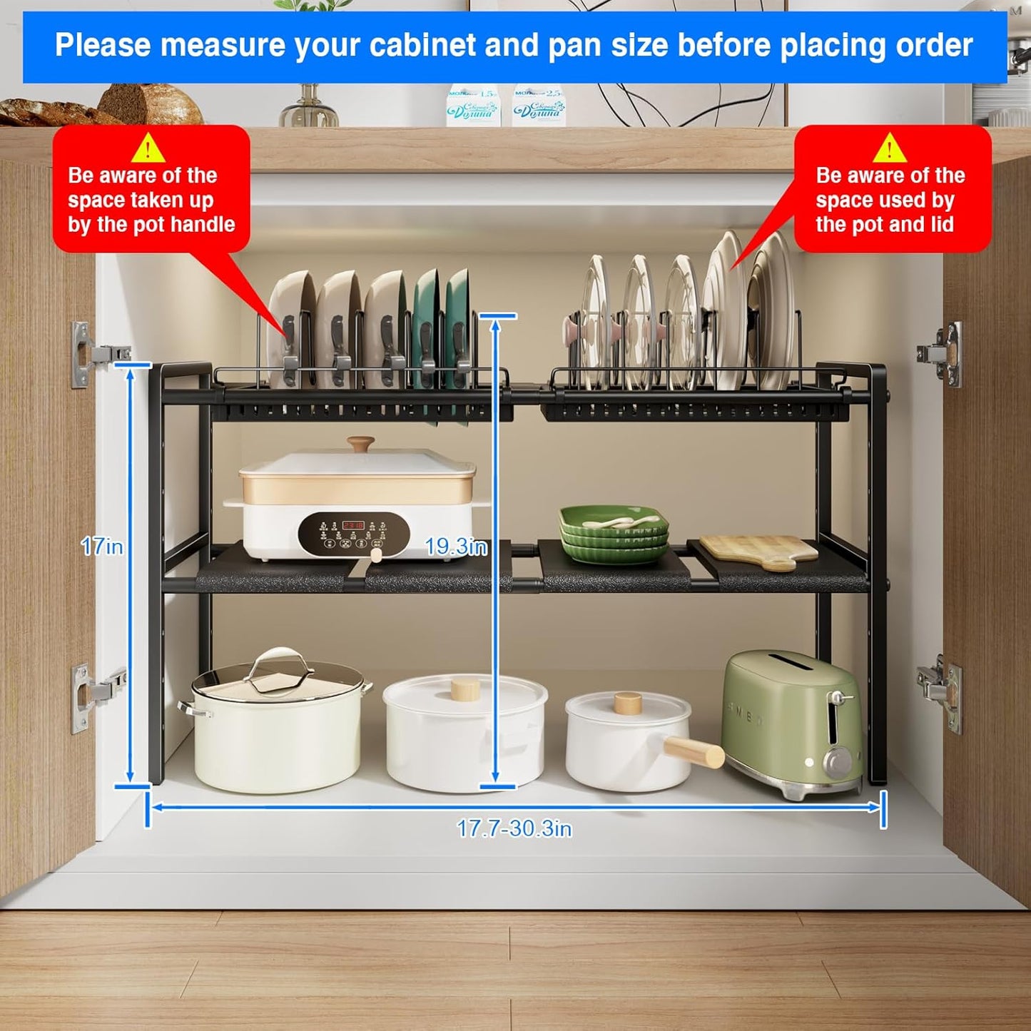 Pots and Pans Organizer under Cabinet, Expandable 2 Tier under Sink Organizers and Storage Adjustable Height Kitchen Pot and Pan Lid Holder Rack with 12 Dividers under Cabinet Shelf(Black)