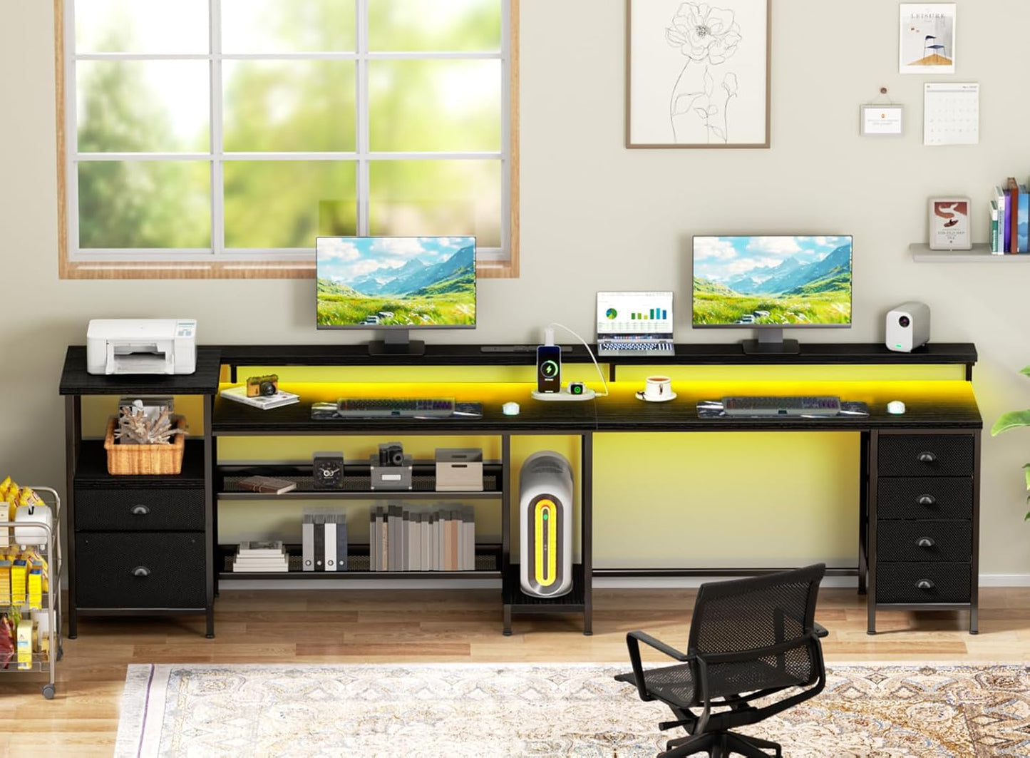 110 Inch 2 Person Desk, Long Two Person Gaming Desk with 6 Drawers & Storage Shelves, 66 Inch L-Shaped Desk with Power Outlets, LED Lights, Corner Table for Home Office, Black