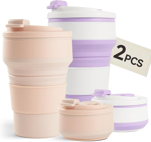 2Pcs Collapsible Cup for Traveling, Collapsible Silicone Travel Cup for Hot and 2 Drinks, Leak Proof Silicone Folding Travel Coffee Mug for Camping & Hiking, BPA Free 12Oz Purple&Pink
