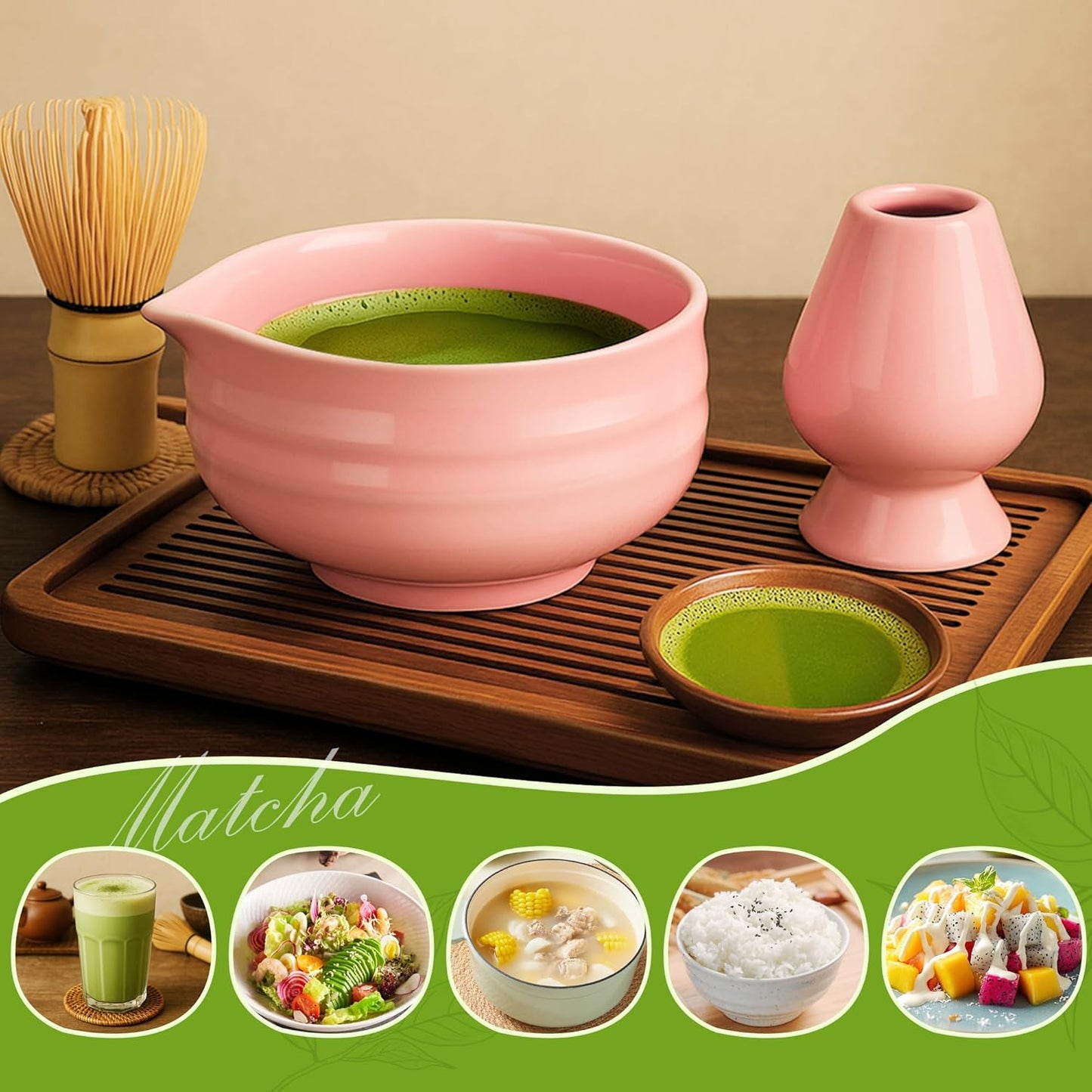 17Oz Pink Matcha Bowl with Spout,2Pcs Ceramic Chasen Stand and Mixing Bowls Set,Japanese Style Handmade Green Tea Cute Chawan,Gifts for Matcha Lovers and Novices(500Ml)