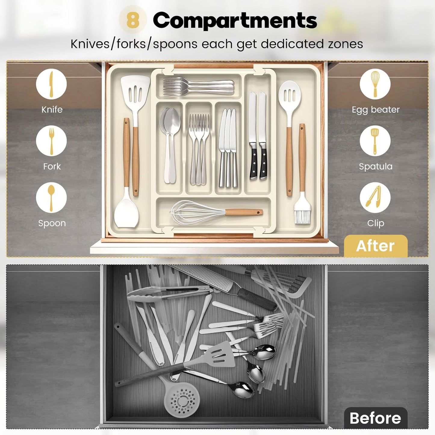 Premium Expandable Silverware Organizer for Kitchen Drawers - BPA-Free Thick Plastic with Wider Compartments and Non-Skid Feet for Cutlery, Flatware, and Utensils