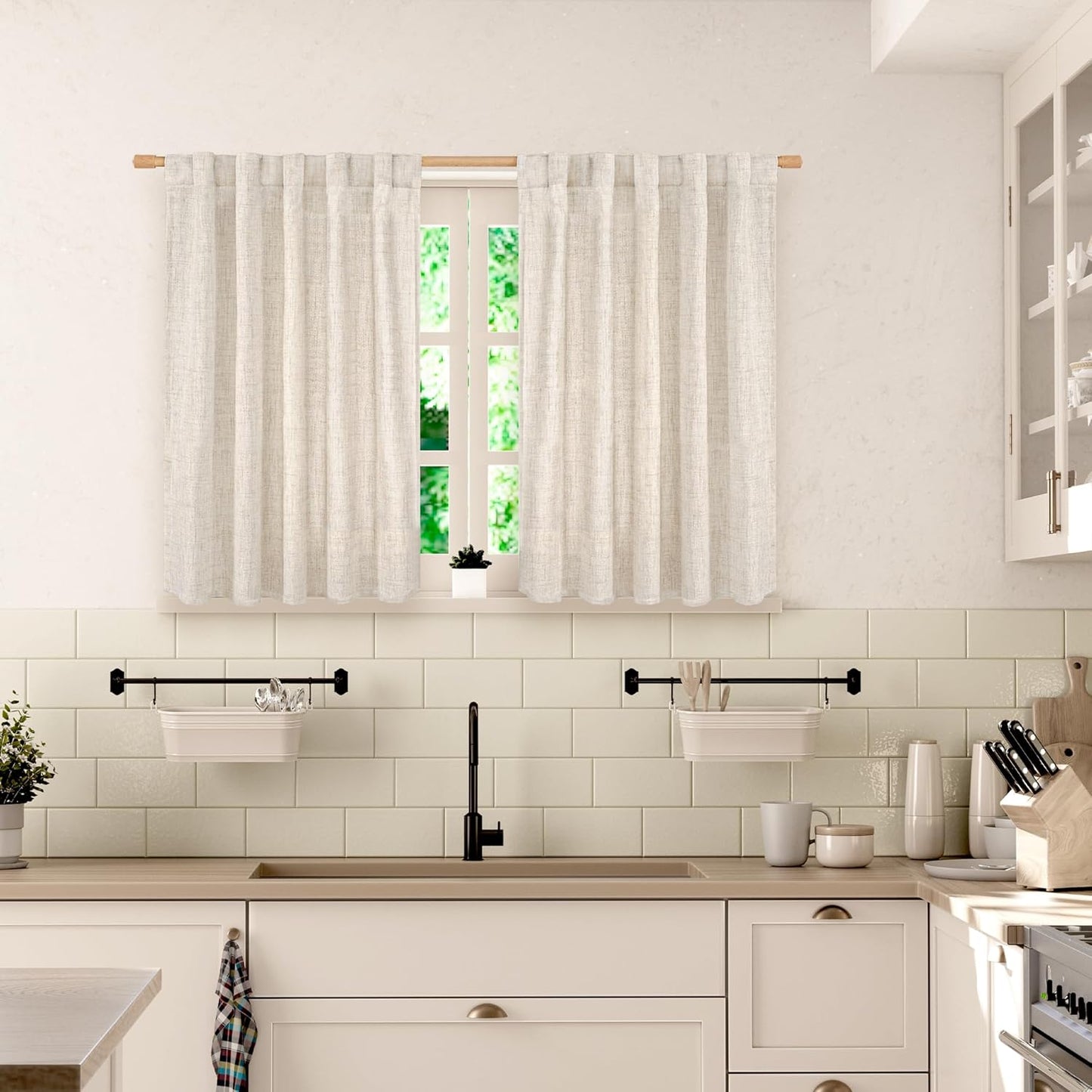 Small Linen Curtains 36 Inch Length for Cafe, Semi Sheer Half Textured Drapes with Rod Pocket Back Tab Rustic Light Filtering for Bathroom Kitchen Window over Sink, 2 Panels Set, 42 X 36 Inch