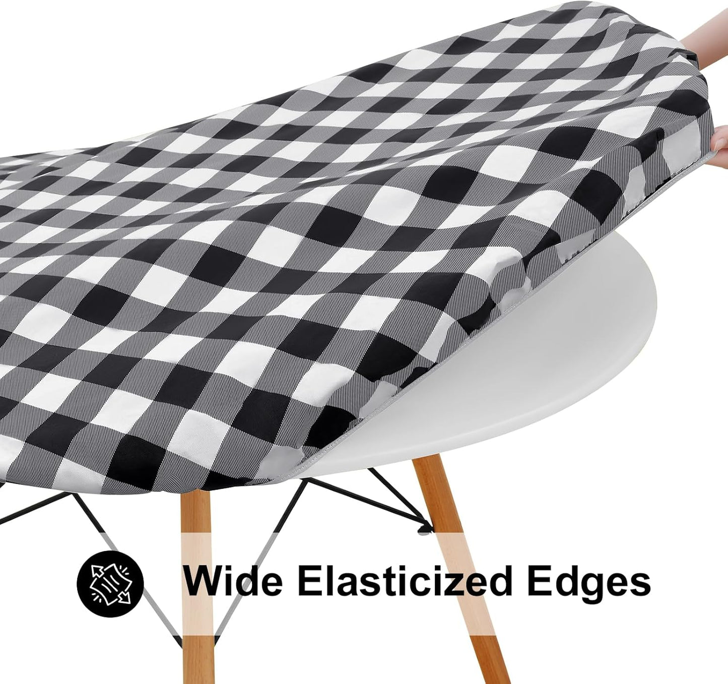 round Picnic Tablecloth, Elastic Waterproof Fitted Vinyl Tablecloths for 36"-44" Tables, Flannel Backed Buffalo Plaid Table Cover for Dining, Camping, Outdoor, Black and White