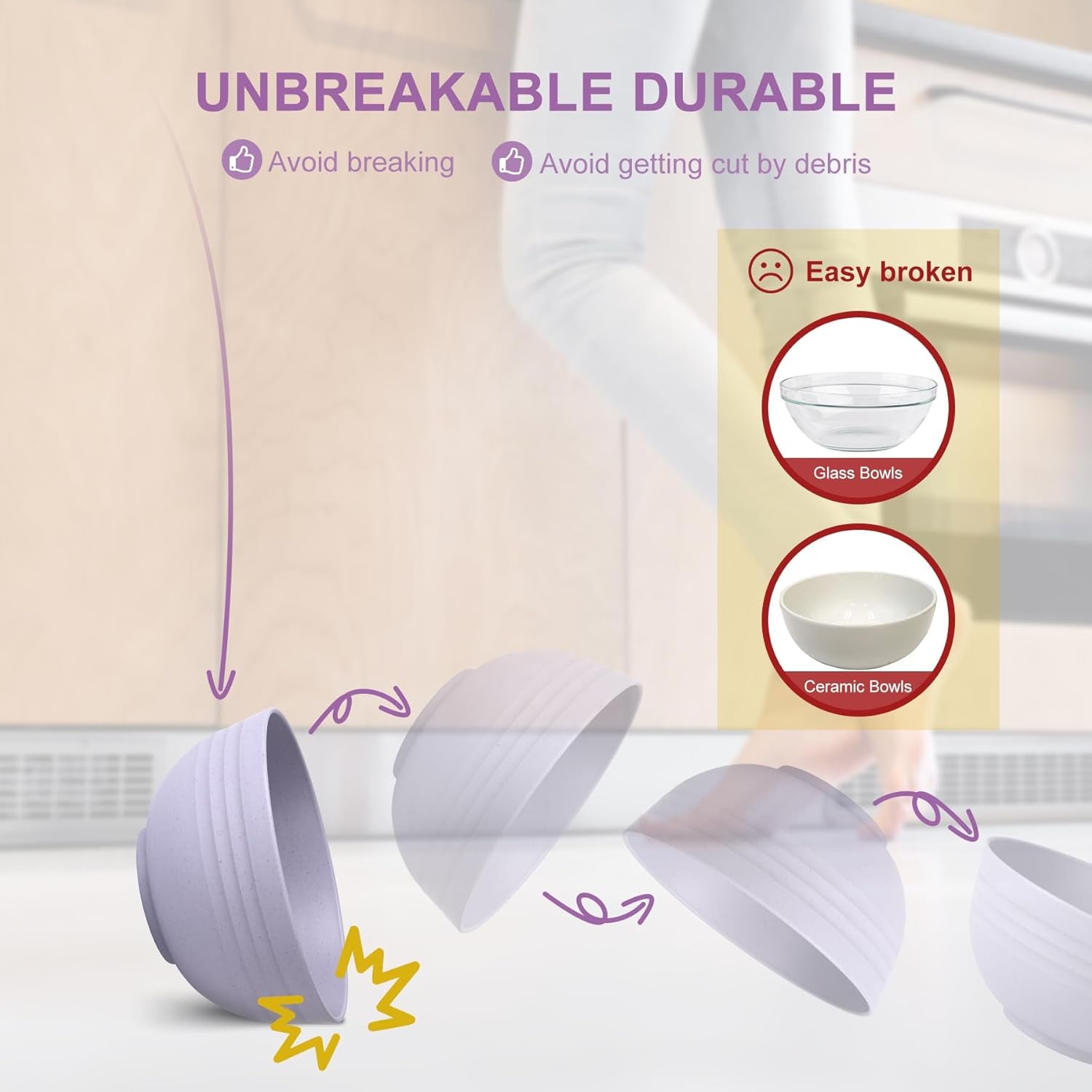 BPA Free Unbreakable Wheat Straw Cereal Bowls - Microwave & Dishwasher Safe Soup and Salad Bowls, Set of 8, 26Oz, Purple