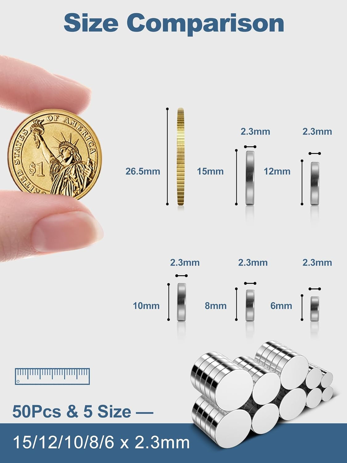 50 Pcs Rare Earth Magnets, 5-Size Small round Fridge Magnets, Multi-Use Premium Office Magnet for Fridge, Office, Whiteboard, Crafts, DIY Hobbies, Kitchen, Science(Silver)