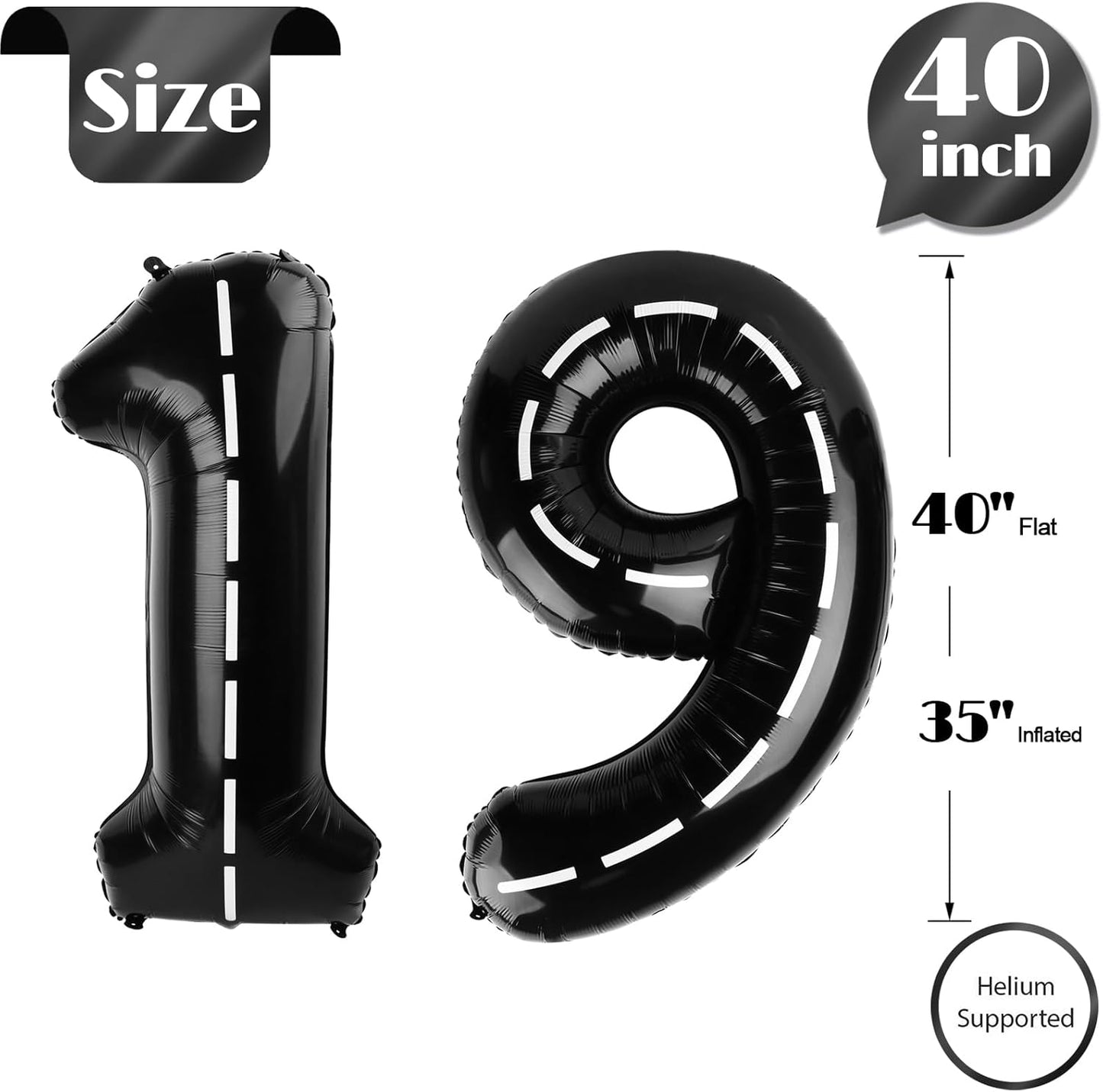 Race Car Number 19 Balloon 40 Inch, Black 19 Number Balloons, 19Th Birthday Decorations, 19 Year Old Boys Race Themed Party Decorations