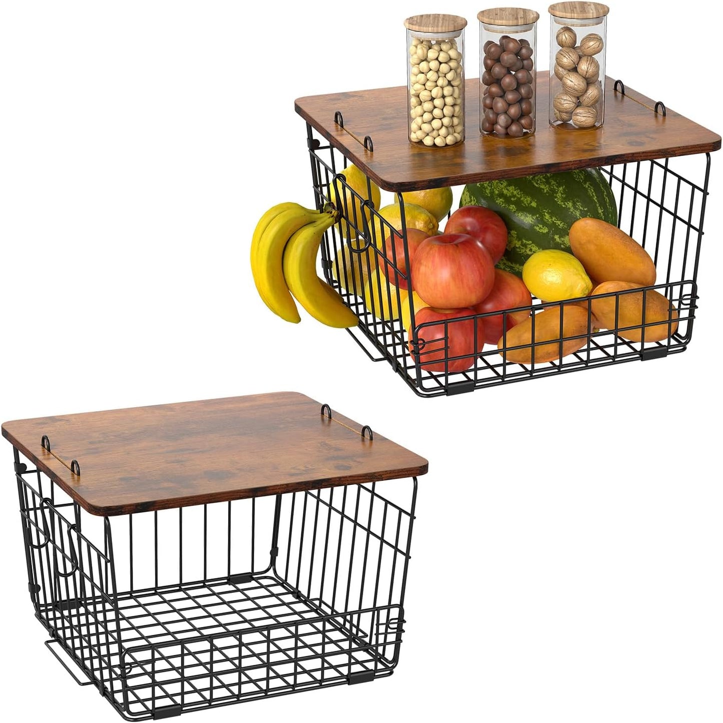 2 Pack Stackable Wire Basket with Wood Top,Pantry Organizer and Storage,Potato Basket Onion Storage for Kitchen Counter,Spice Organizer for Cabinet