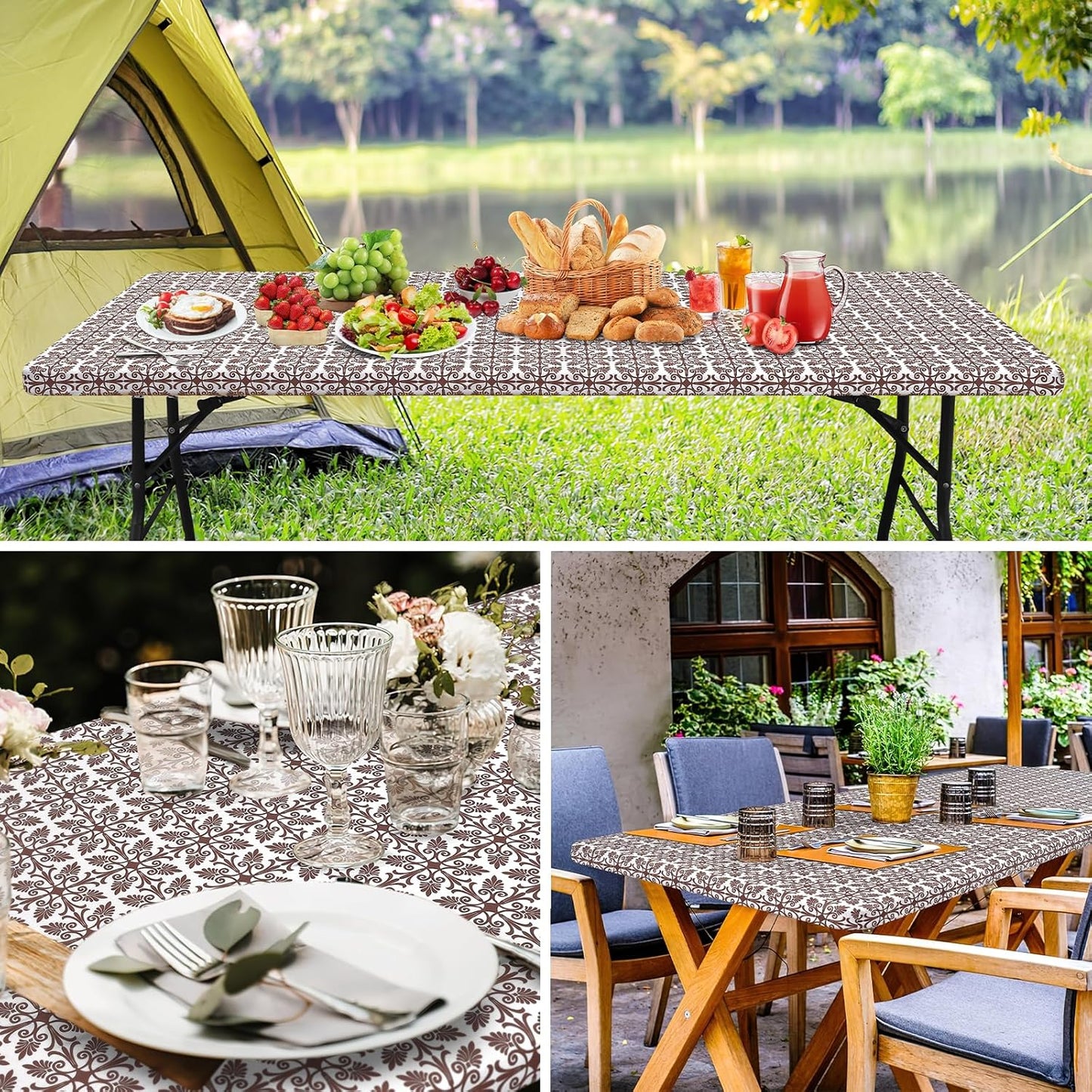 Rectangle Vinyl Table Cloth, Elastic Fitted Flannel Backed Tablecloth, 100% Waterproof Plastic Table Cover Fits 6 Foot Folding Tables for Picnic, Camping, Outdoor (Coffee, 30" X 72")