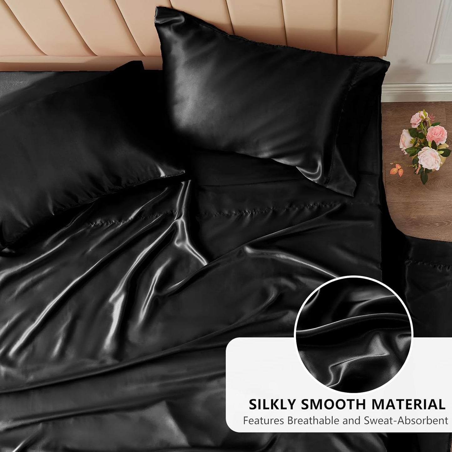 Satin Sheets Queen Size - 4 Piece Black Bed Sheet Set with Silky Microfiber, 1 Deep Pocket Fitted Sheet, 1 Flat Sheet, and 2 Pillowcases - Smooth and Soft