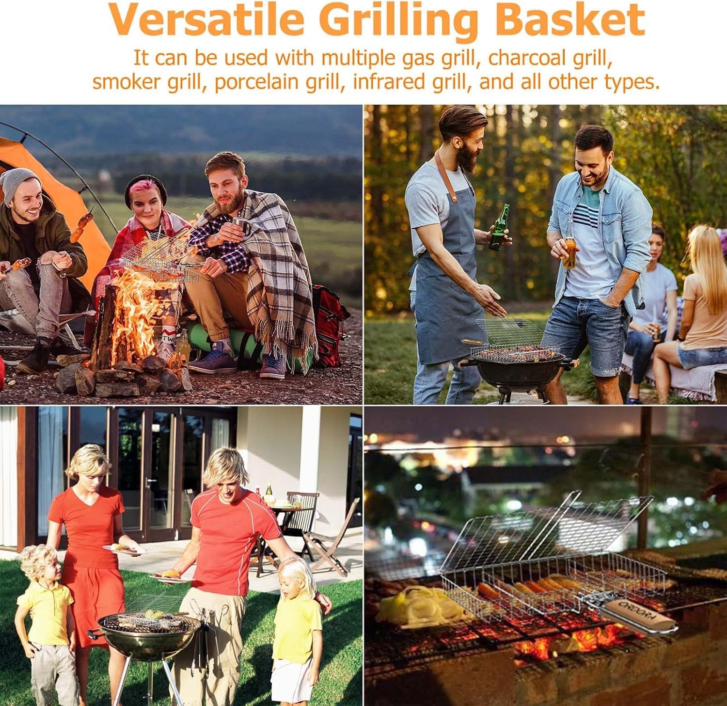 Grill Basket, Fish Grill Basket, Rustproof Stainless Steel BBQ Grilling Basket for Meat,Steak Etc, Grill Accessories,Grilling Gifts for Men Dad