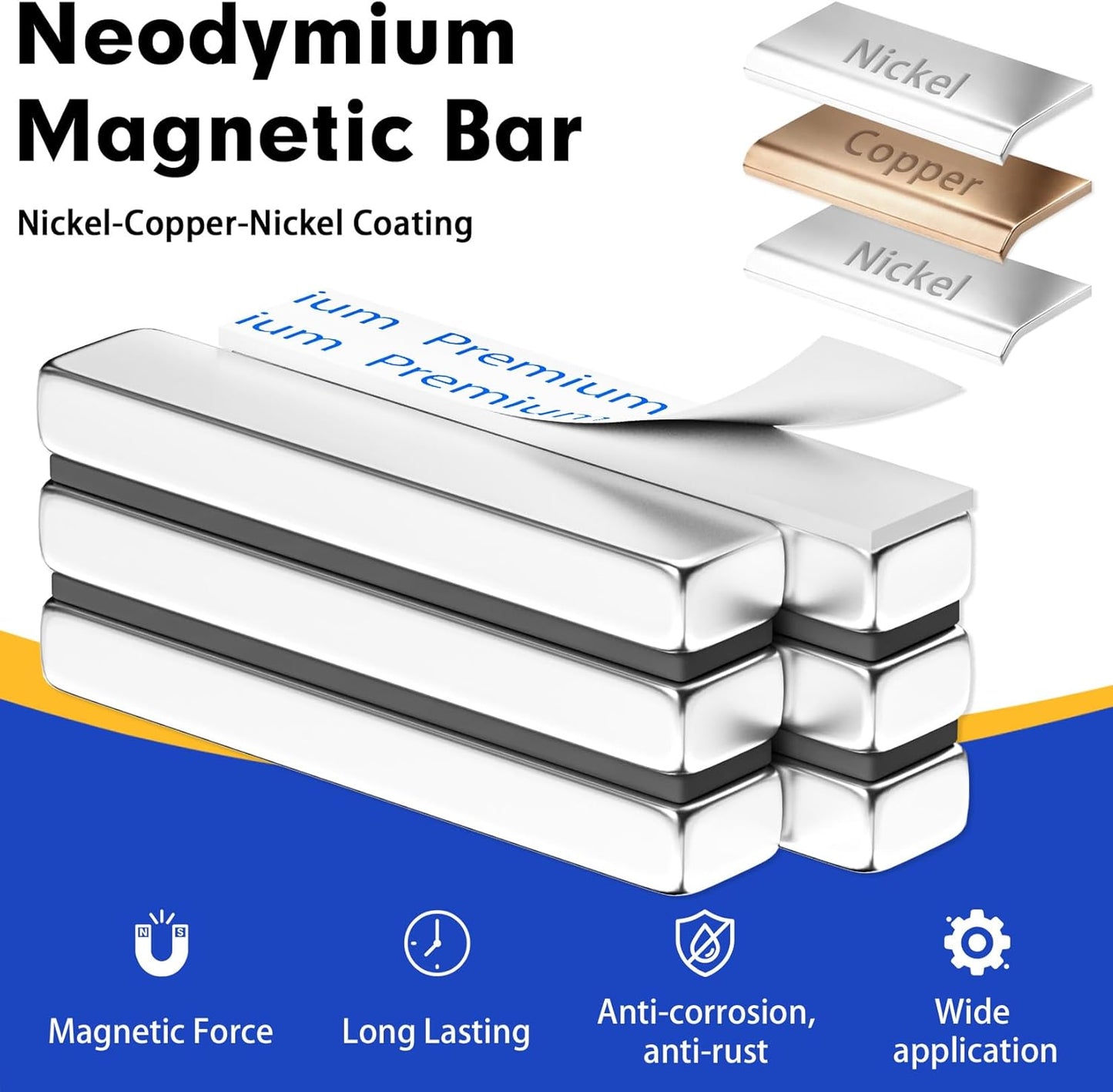 2 Pack Neodymium Bar Magnets, Rare Earth Magnets Metal Neodymium Magnet with Double-Sided Adhesive for Fridge and Office Projects, 40X10X5Mm(Silver)