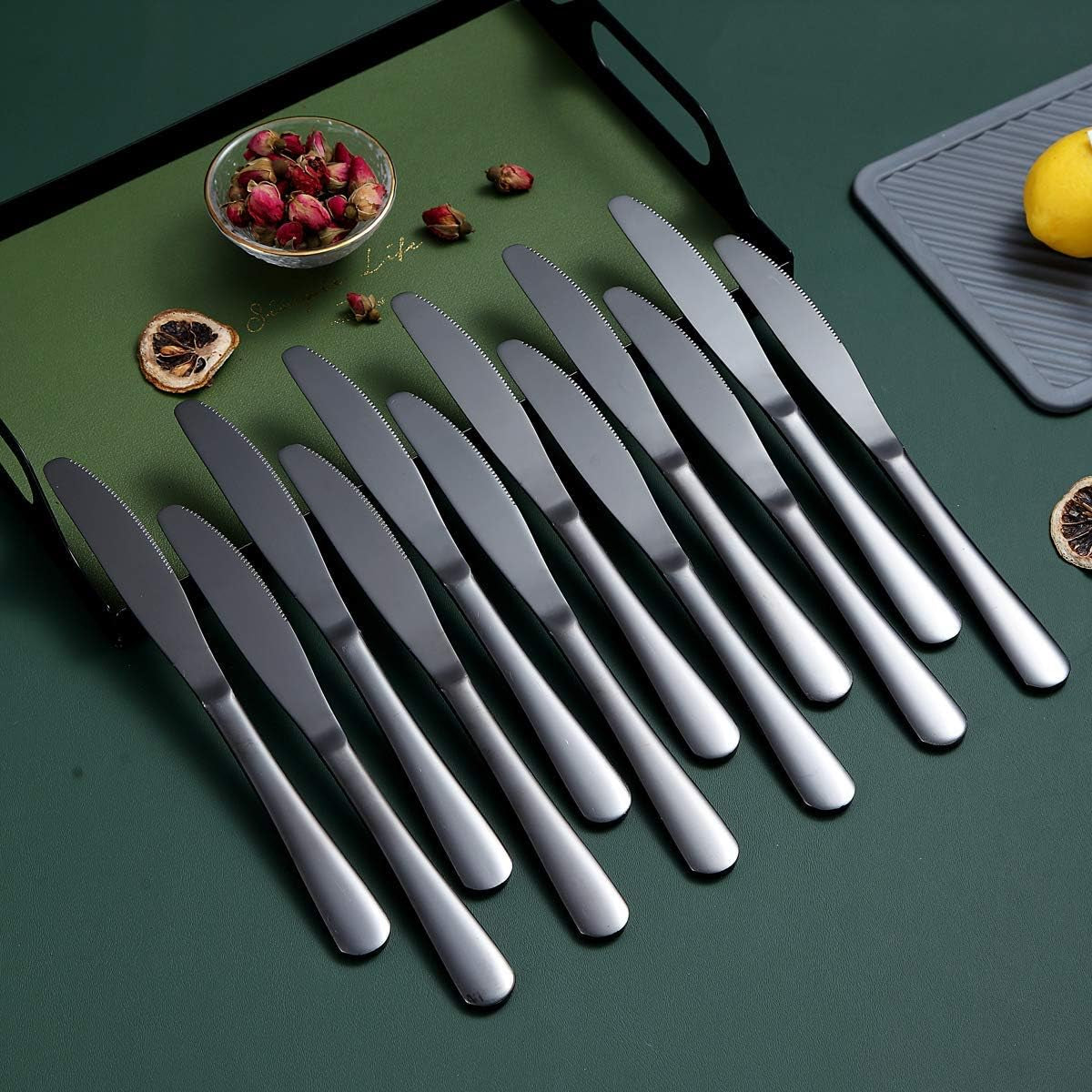 Set of 12 Black Stainless Steel Dinner Knives with Titanium Plating - Durable, Dishwasher Safe Butter Knife Spreaders