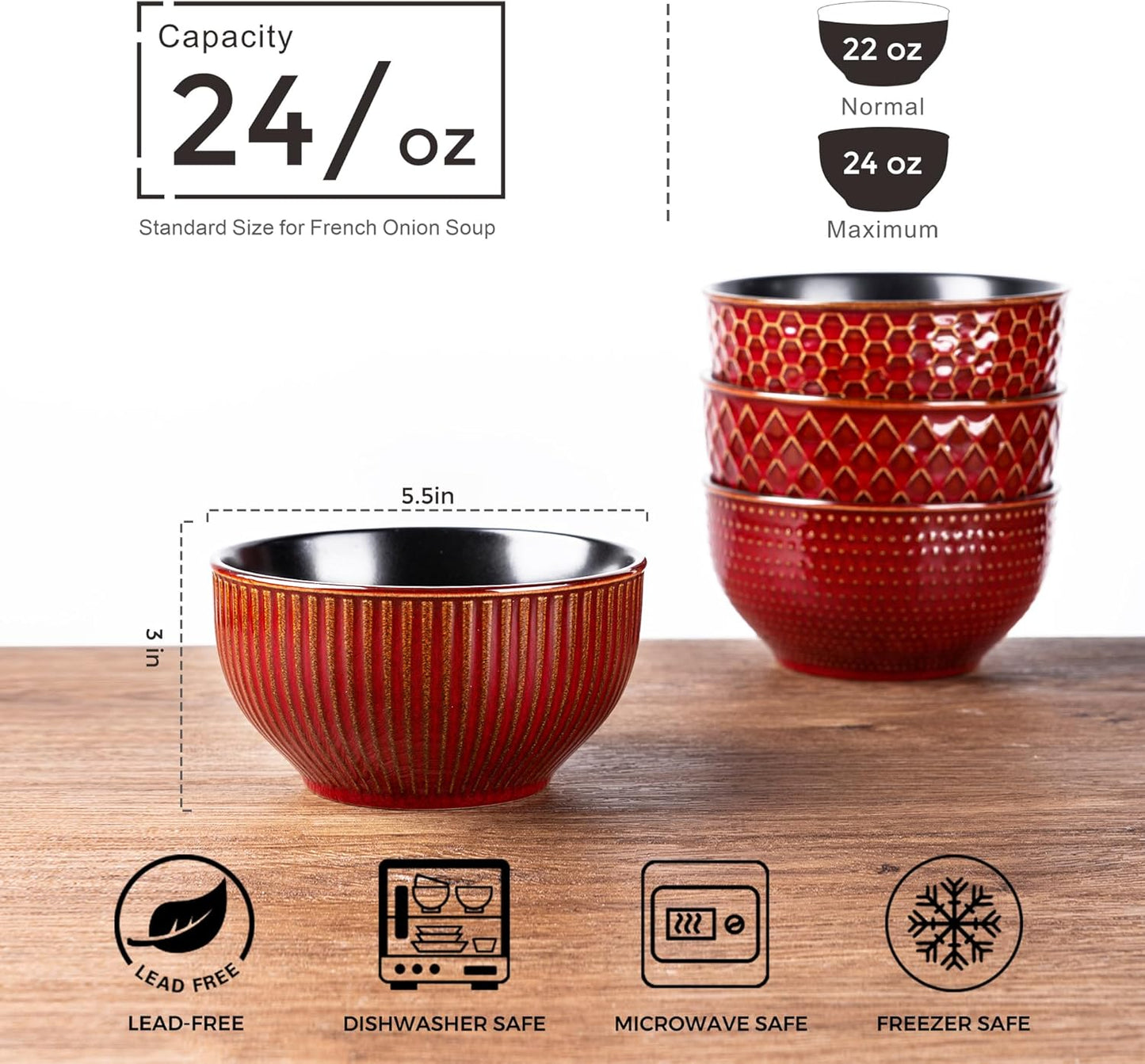 Set of 4 Textured Stoneware Cereal Bowls, 24 Oz Ceramic Soup Bowls Ideal for Soup, Oatmeal, and Snacks - Rythmic Red, Perfect for Weddings and Housewarming Gifts