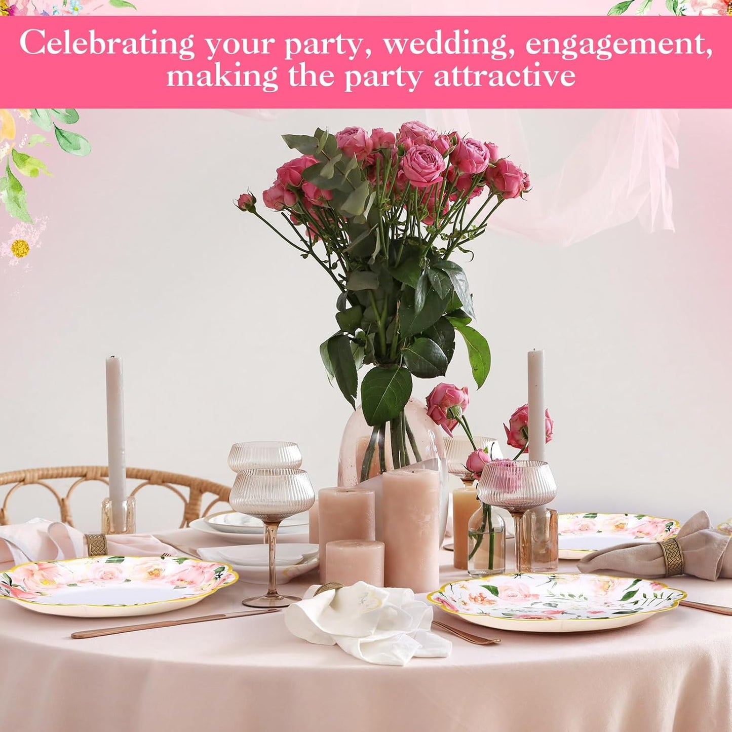120-Piece Summer Pink Floral Paper Plates, 7-Inch Disposable Tableware for Birthday, Wedding, Baby Shower, Tea Party, and Bridal Shower Decorations