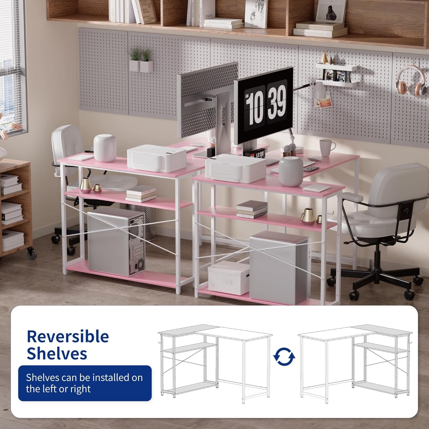 43 Inch L Shaped Computer Desk with Reversible Side Storage Shelves, Small Corner Desk for Small Space Home Office,Writing Study Table PC Desk for Bedroom,Pink with White Leg