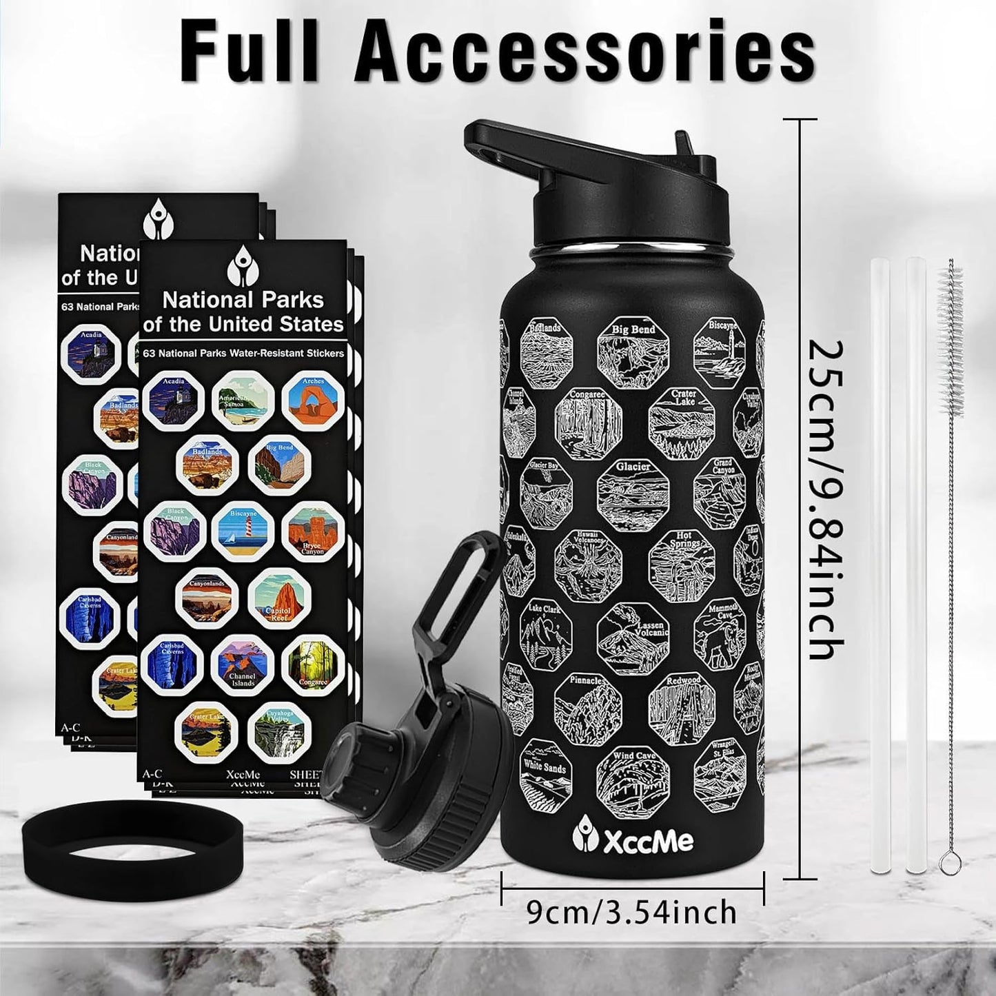 National Parks Water Bottle with Stickers,32 Oz Stainless Steel Insulated Water Bottle with Straw,2 Lids,Leak Proof Metal Water Cup for Hiking,Travel,Sports,Camping,Wide Mouth Bottle