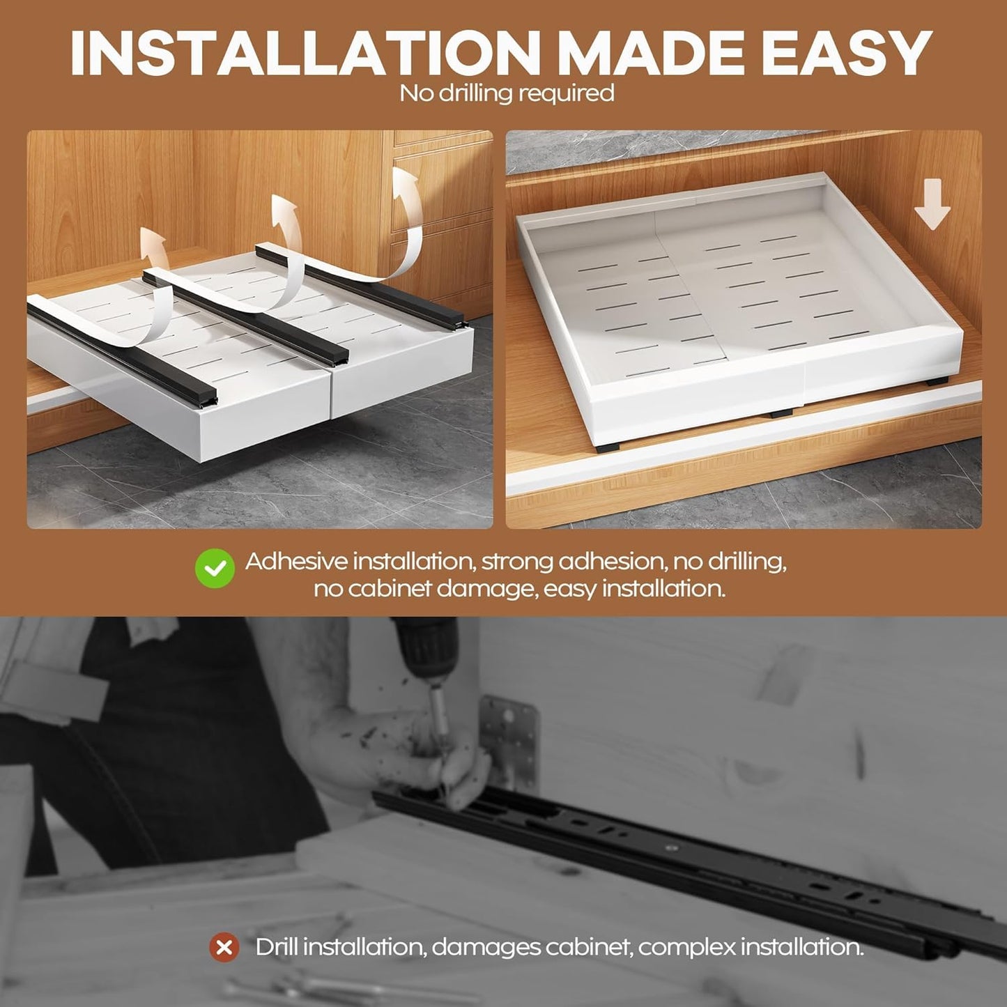 Expandable Pull-Out Cabinet Organizer Set - 21" Deep with Adjustable Width (12.05"-20.4") for Framed Cabinets, Featuring 3 Slide Rails and Adhesive Roll-Out Shelves - White Finish
