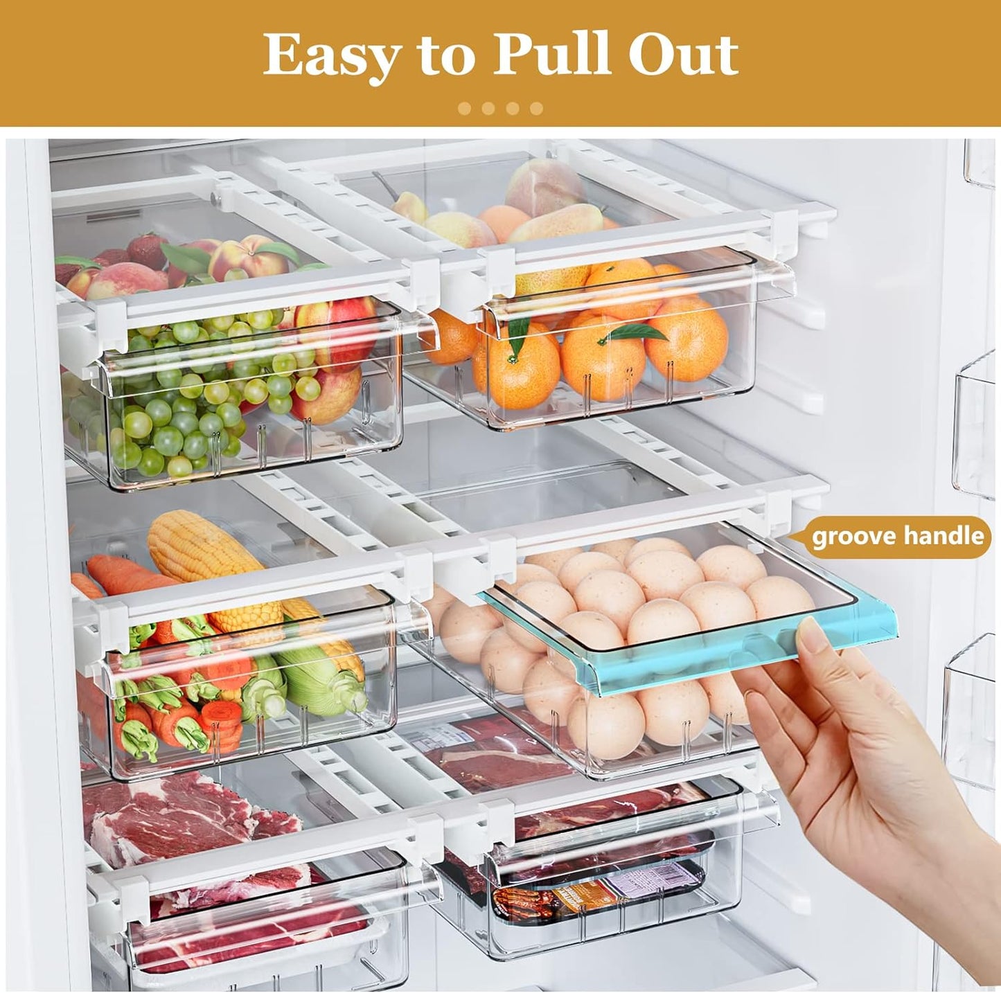 2 Pack Refrigerator Drawer Organizer, Pull Out Shelf Storage Transparent Organizer for Egg, Fruit, Vegetable, Seafood, Meat, Fit All Fridge Shelves under 0.6''