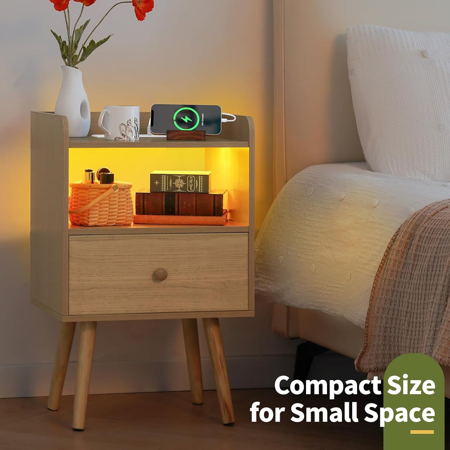 Nightstand with Charging Station, Modern Night Stand with LED Lights, Wood Nightstands with Fabric Drawer & Storage Shelf, Night Stands Bedside Table with USB Ports for Bedroom, Office, Home
