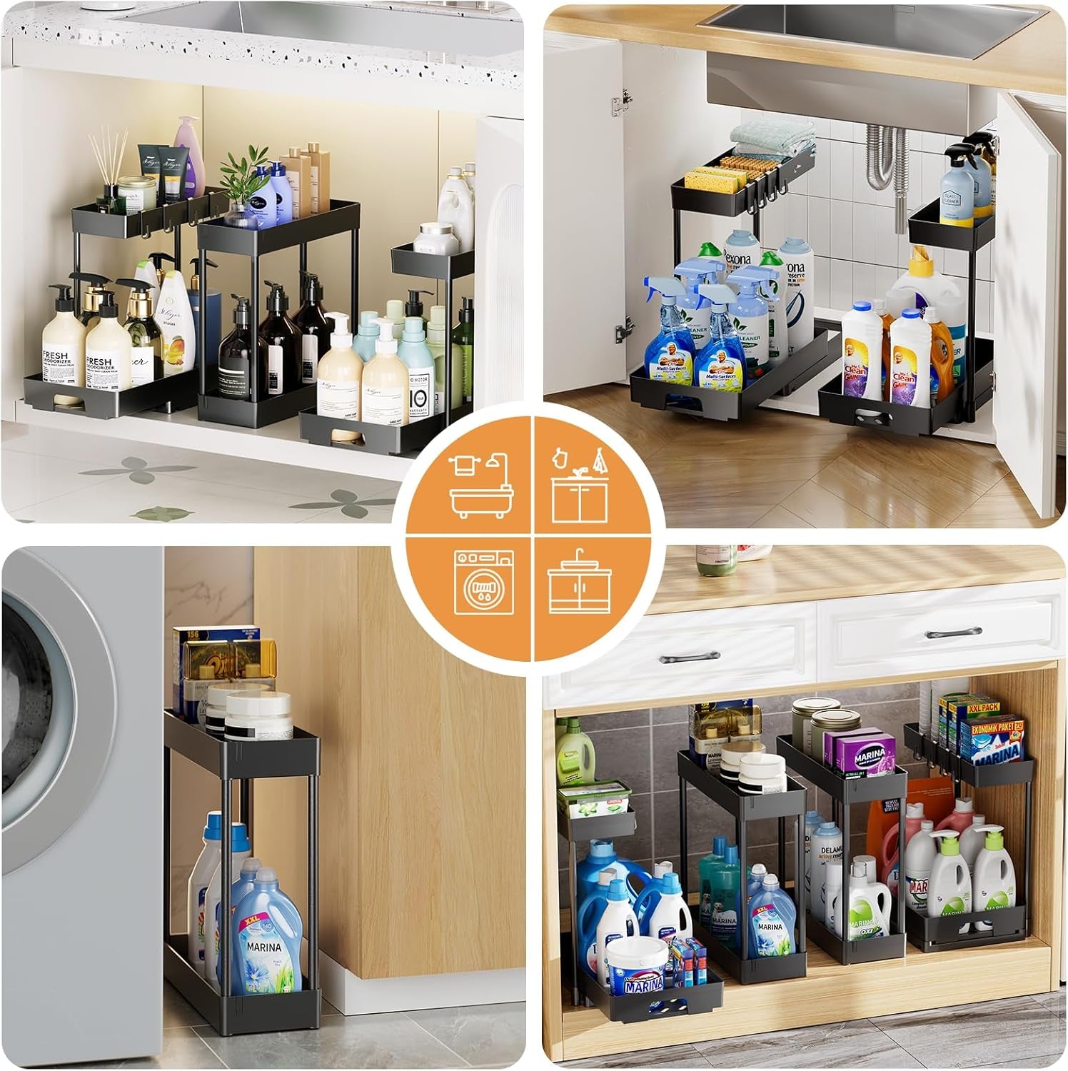 4 Pack under Sink Organizers and Storage, 2 Tier Pull Out Bathroom Cabinet Organizer, L-Shape Black under Kitchen Sink Organizer, under Counter Storage Organizer with Drawer