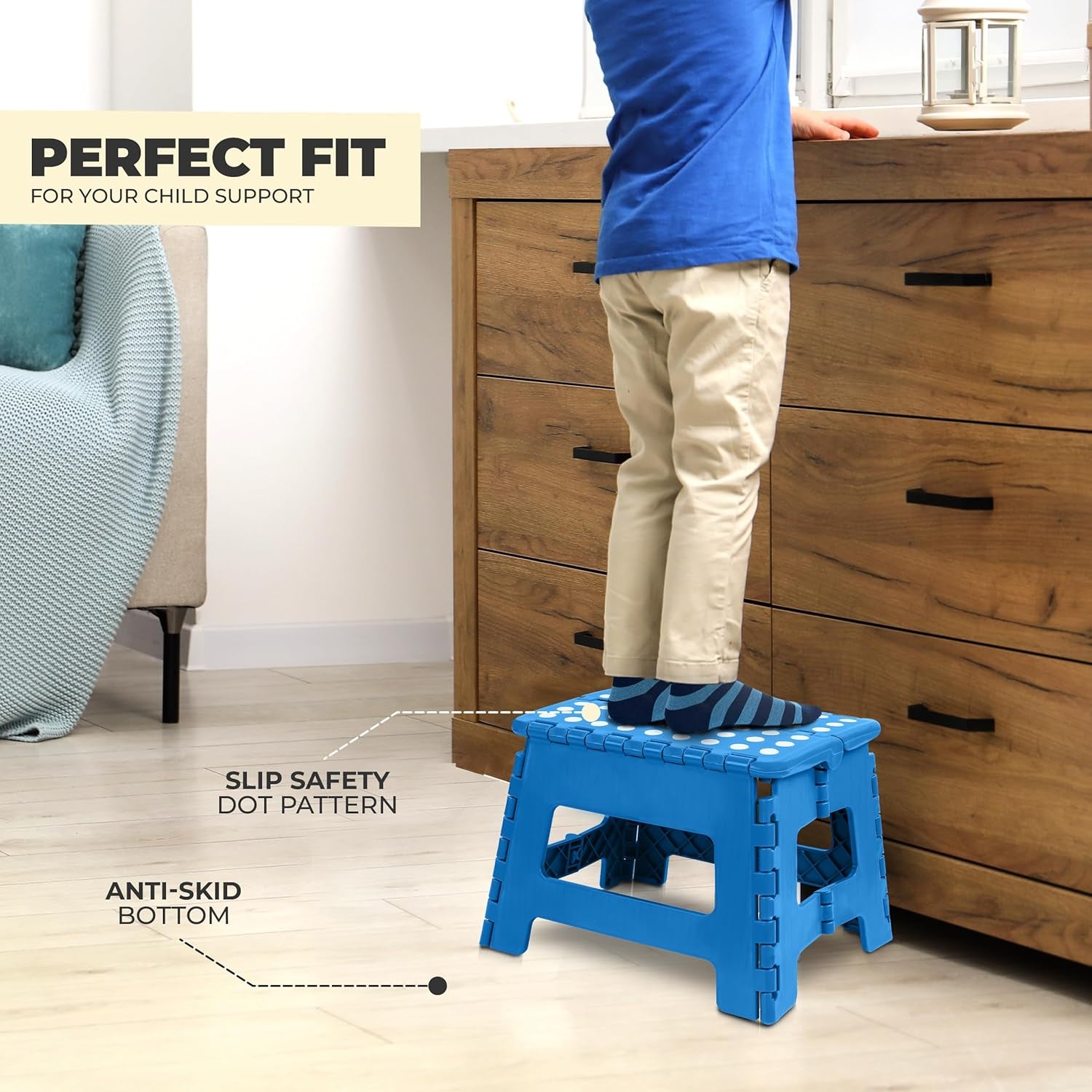 Folding Step Stool - (Pack of 1) Foot Stool with 9 Inch Height - Holds up to 300 Lbs - Lightweight Plastic Foldable Step Stool for Kitchen, Bathroom & Living Room (Blue)