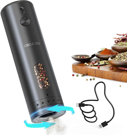 Electric Pepper Grinder Rechargeable, Automatic Pepper Mill with 110Ml Container, External Adjustable Coarseness, White Led Light and One-Handed Operation, Black
