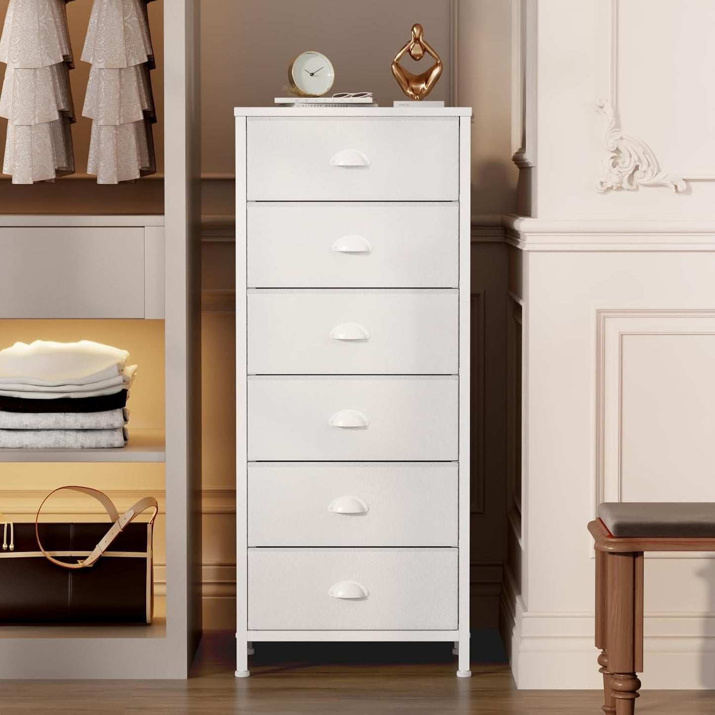 White Vertical Tall Dresser with 6 Fabric Drawers - Versatile Storage Tower and Nightstand for Bedroom, Living Room, Closet, Entryway, and Hallway