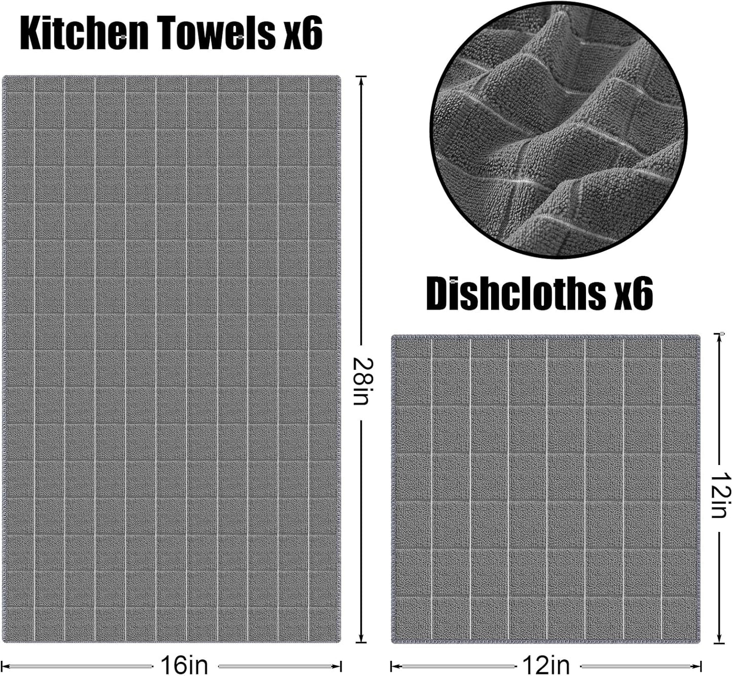 Microfiber Kitchen Towels and Dishcloths Set, 12 Pack Soft and Absorbent Dish Hand Towels Bulk, 28 X 16 Inch & 12 X 12 Inch Quick Drying Rags for Washing Dishes, Grey