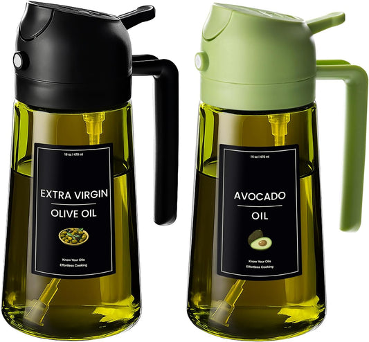 - 16Oz/470Ml Olive Oil Dispenser for Kitchen with Stickers - 2 in 1 Olive Oil Sprayer for Cooking, Air Fryer, and Salad, Black&Green (Light-Proof Kitchen Gadget)