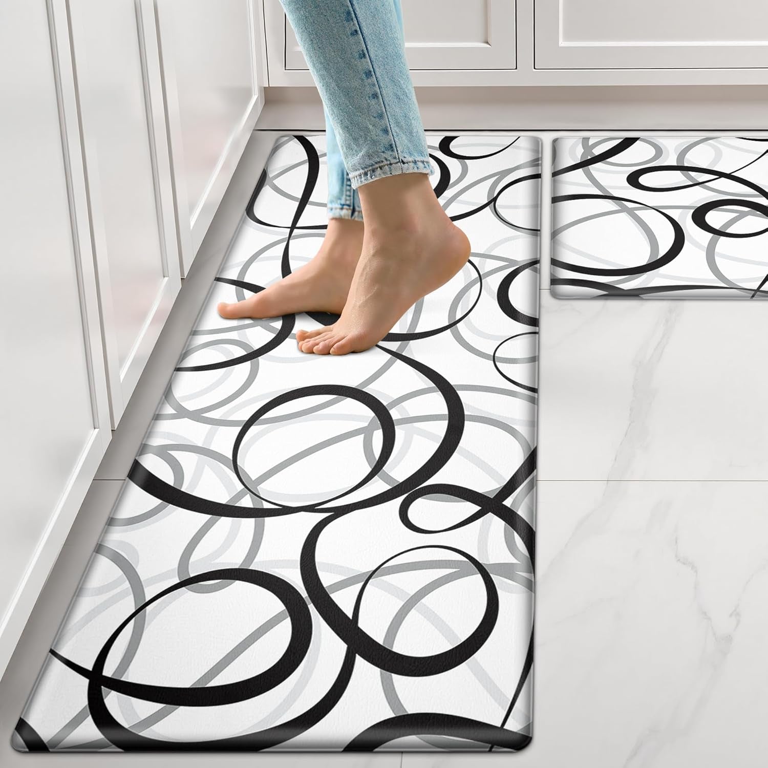 Kitchen Mats Cushioned anti Fatigue Kitchen Rugs Sets of 2 Black White Grey Memory Foam Padded Kitchen Floor Mat Non Slip Waterproof Comfort Standing Mats for Sink Laundry Office