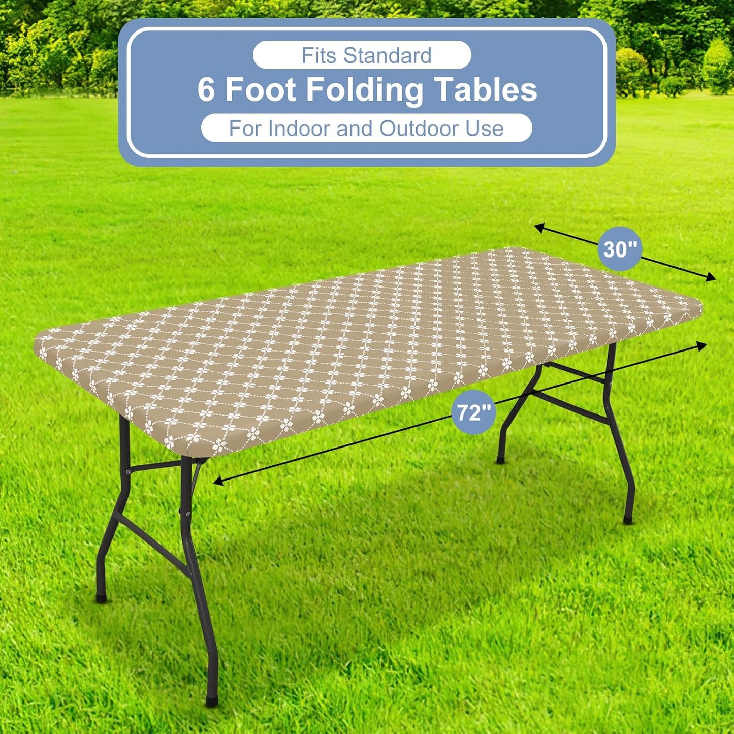 Rectangle Vinyl Table Cloth, Elastic Fitted Tablecloth with Flannel Backing, Waterproof Plastic Table Cover Fits 6 Foot Folding Tables for Camping, Indoor and Outdoor (Khaki, 30" X 72")