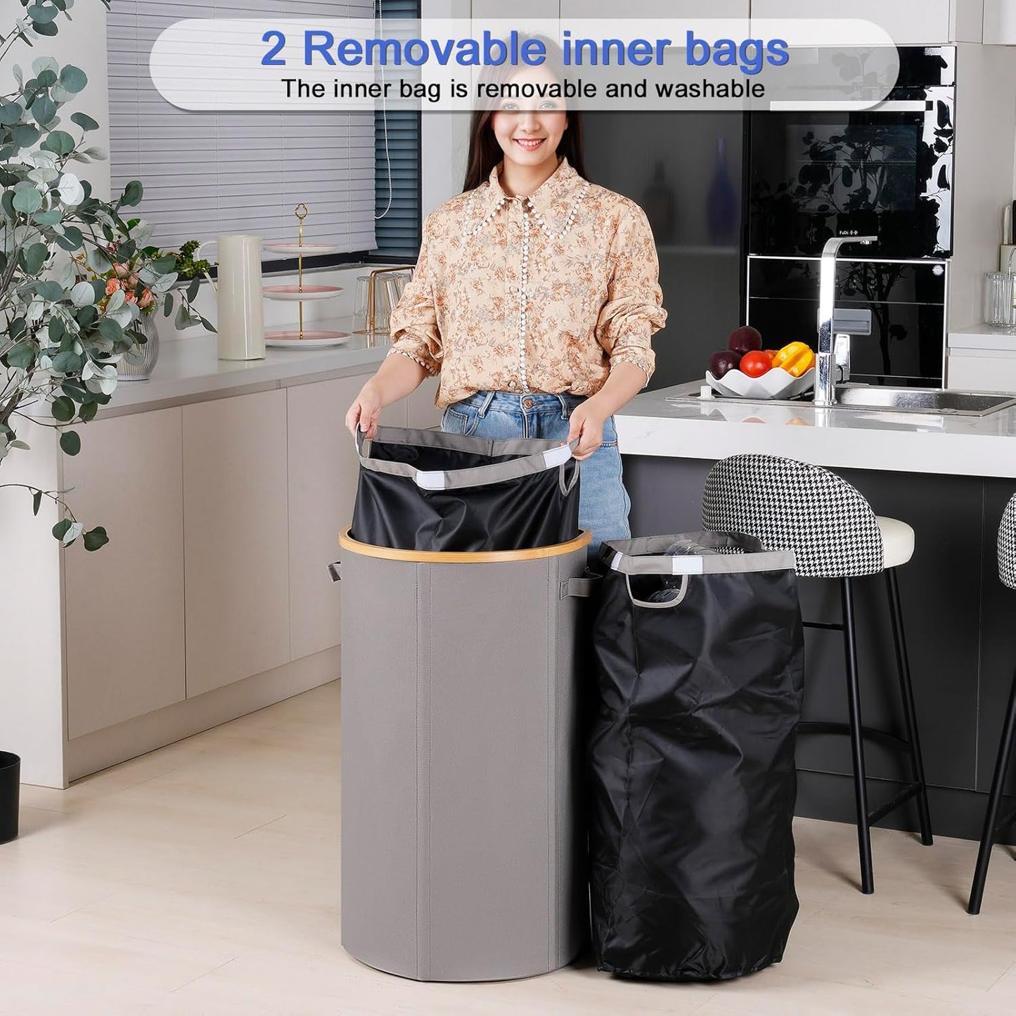 Recycling Bin for Kitchen 100L, 26 Gallon Recycle Bins for Indoor Outdoor Home Use with 2 Removeable and Reusable Inner Bags, Tall Recycle Bin for Bottle Can Plastice Stickers (Grey)
