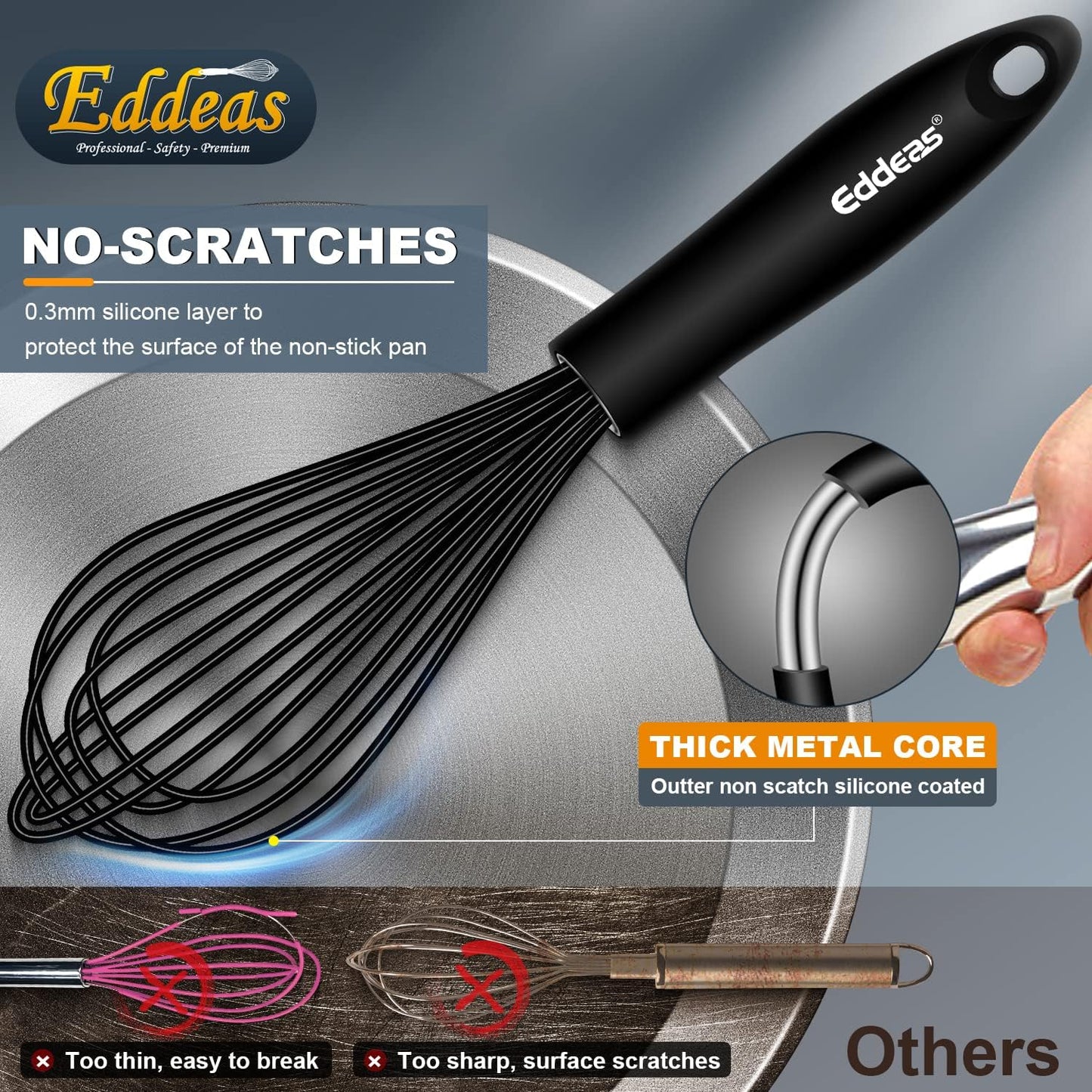 Silicone Whisk, Stainless Steel & Silicone Non-Stick Coated Whisks Set of 3-Heat Resistant Kitchen Whisks, Balloon Egg Beater Perfect for Blending, Whisking, Beating & Stirring, Black