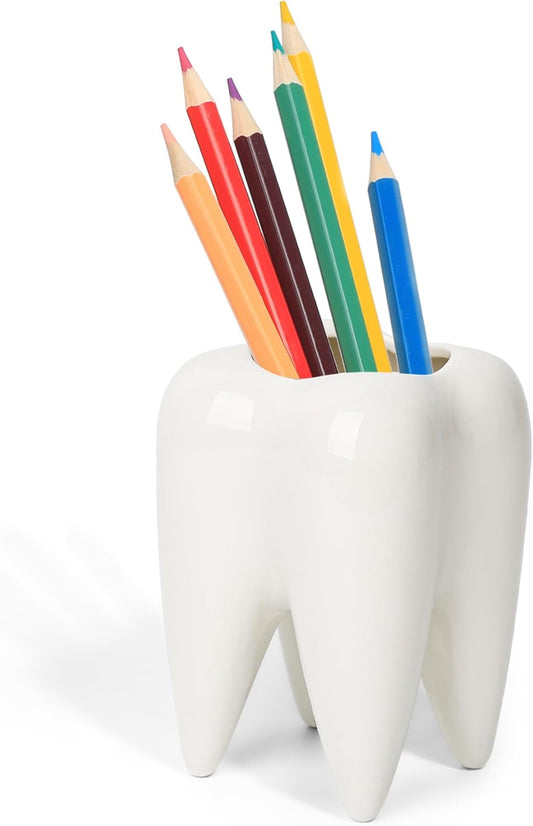 Ceramic Pen Holder, Tooth Shaped Pen Holder for Desk, Cute Pencil Pot White Accessories Desk Organizers for Office, School, Home,Pack of 1