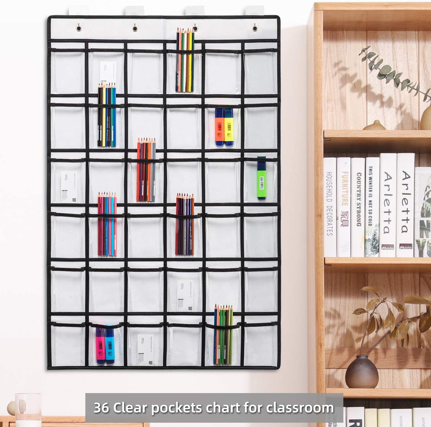 36-Pocket Classroom Pocket Chart for Cell Phones and Calculators with Number Stickers and Hooks (White)
