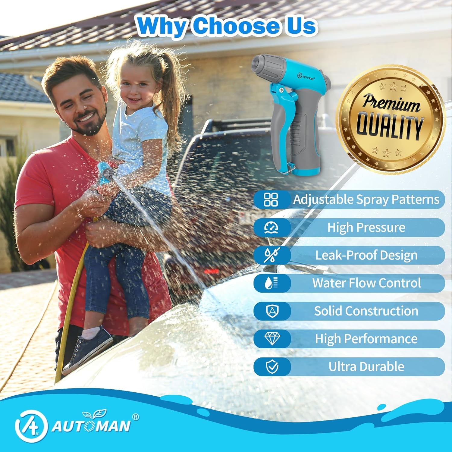 Garden Hose Nozzle, 4 Adjustable Patterns Hose Sprayer, Heavy Duty High Pressure Water Hose Nozzle for Pets Bathing and Cleaning, Car Washing, Watering Plants in Lawn and Garden & Outdoor Fun.